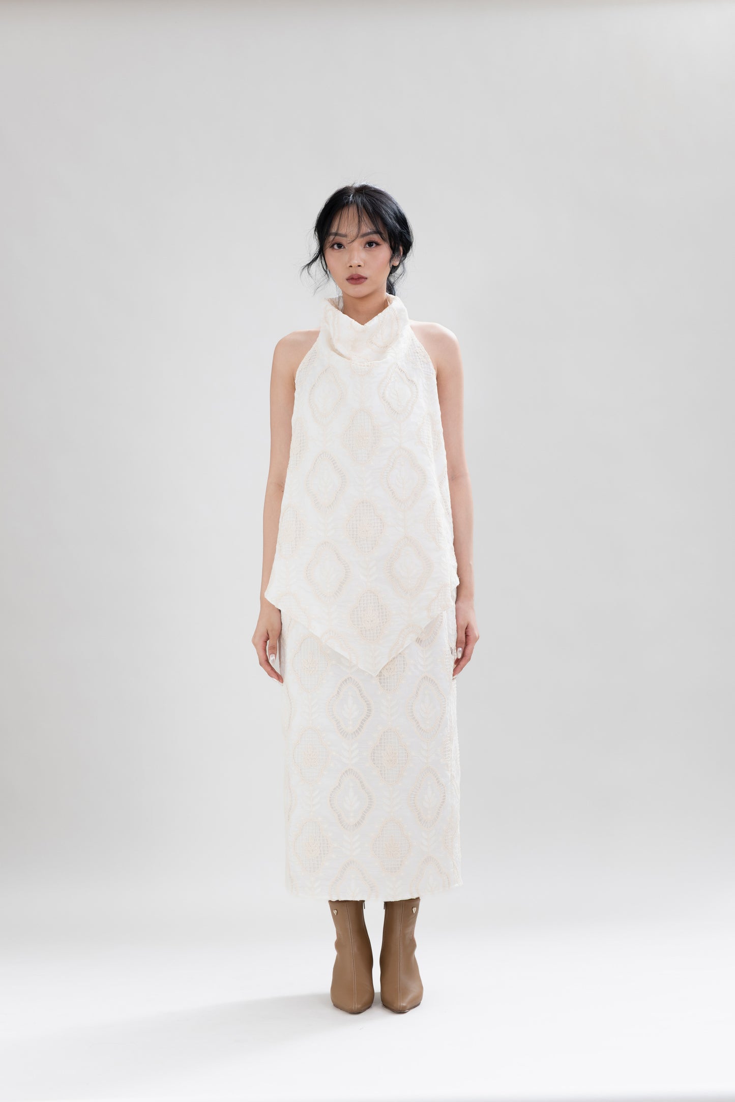 PO HT Embroidery High Neck Top in Buttermilk