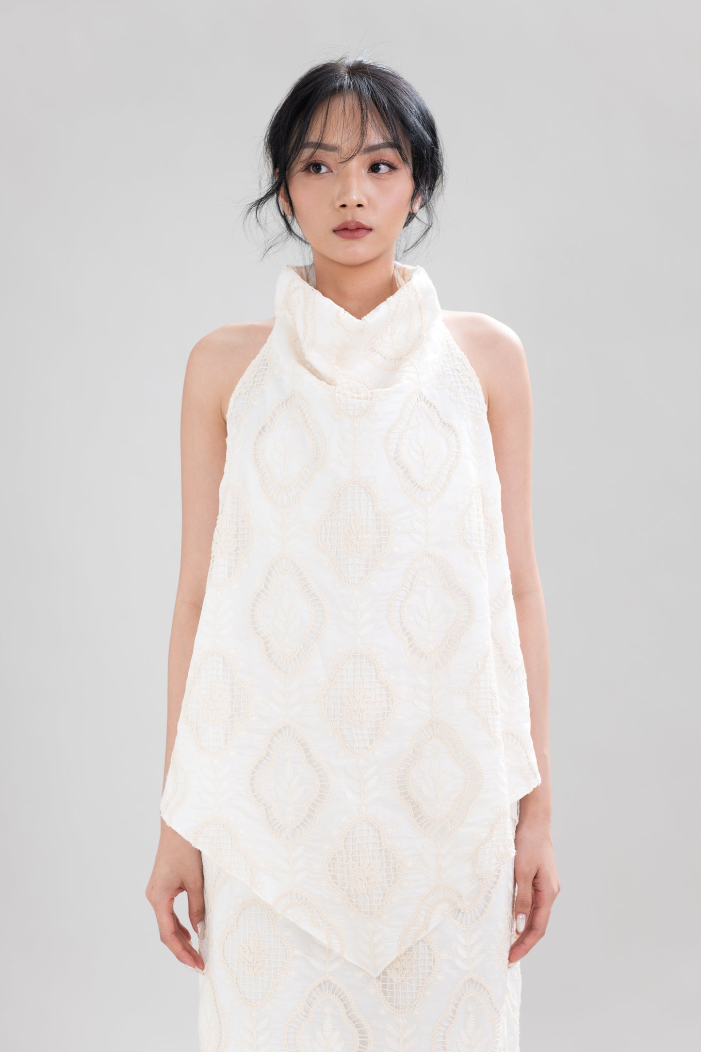 PO HT Embroidery High Neck Top in Buttermilk