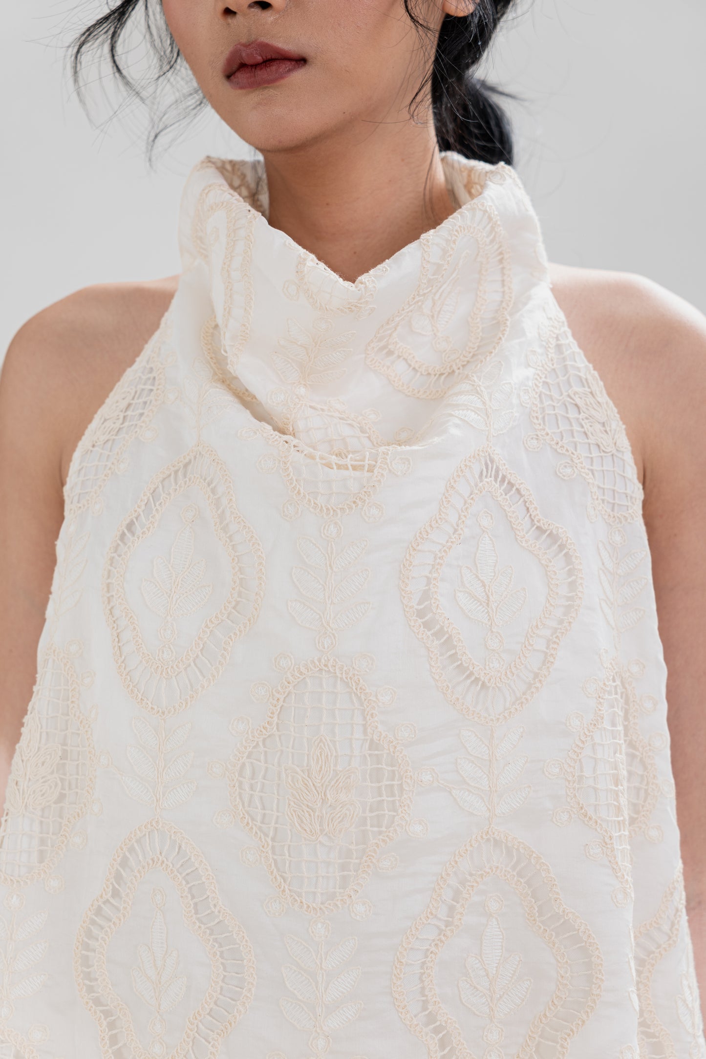 PO HT Embroidery High Neck Top in Buttermilk