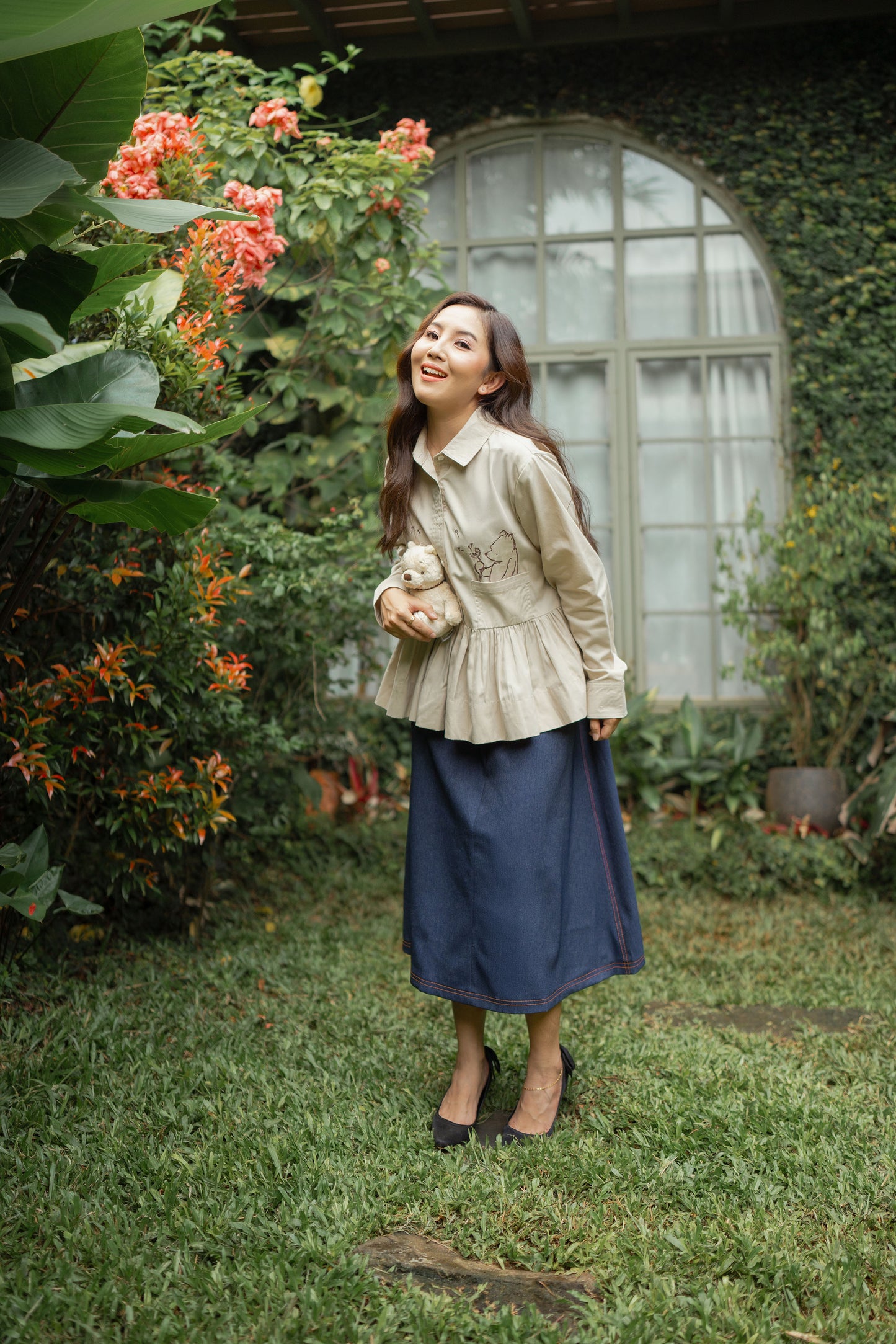 WTP Embroidery Long Sleeve Top in Beige