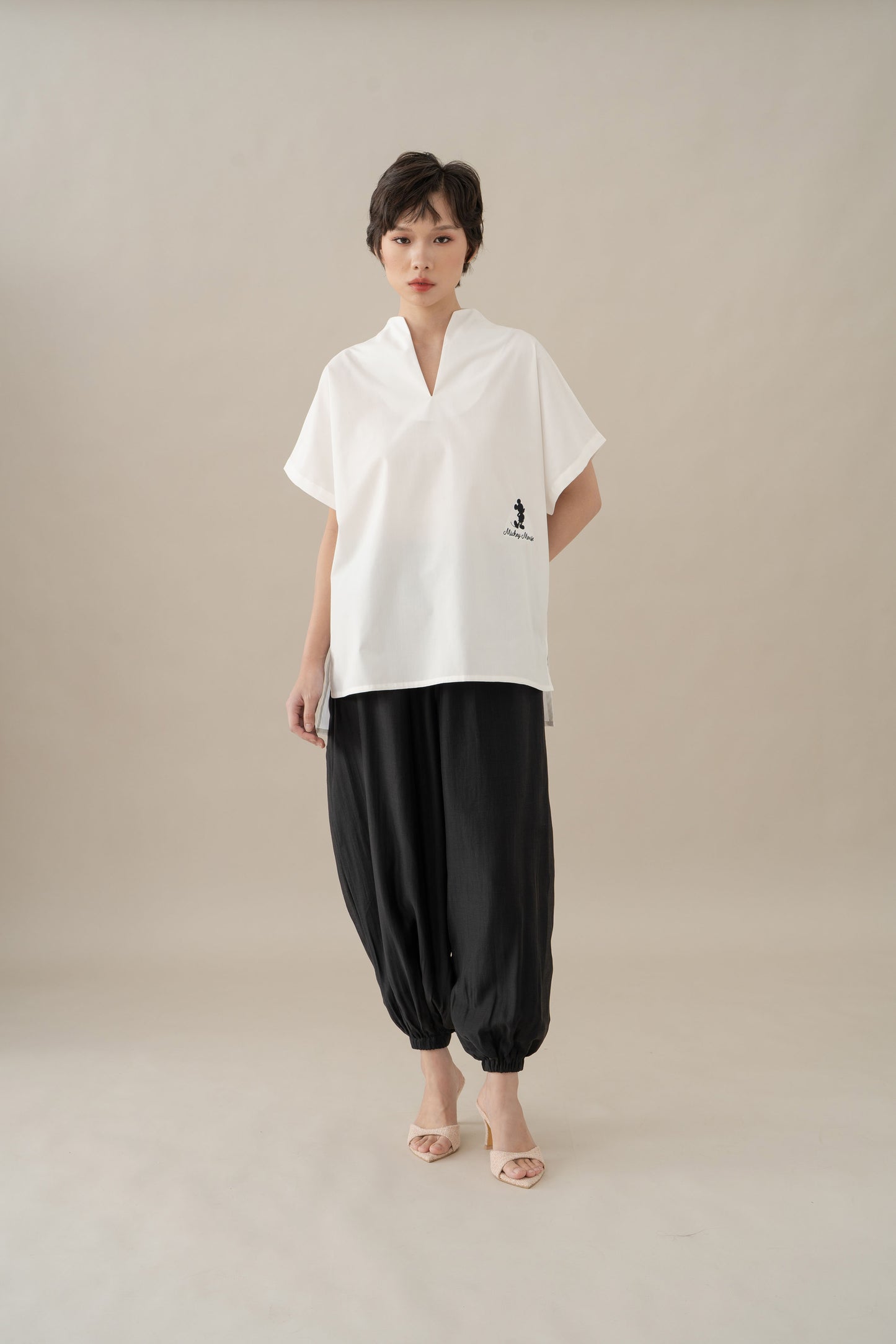 MM High Neck With Embroidery Top in Buttermilk
