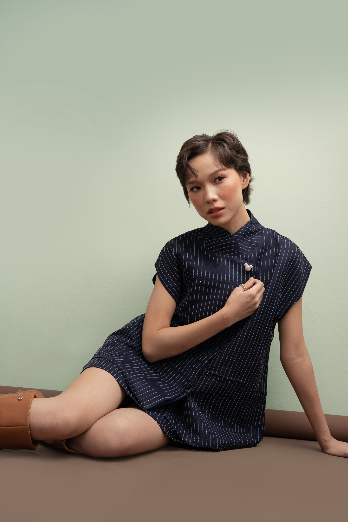 MM Button Stripe Top in Navy