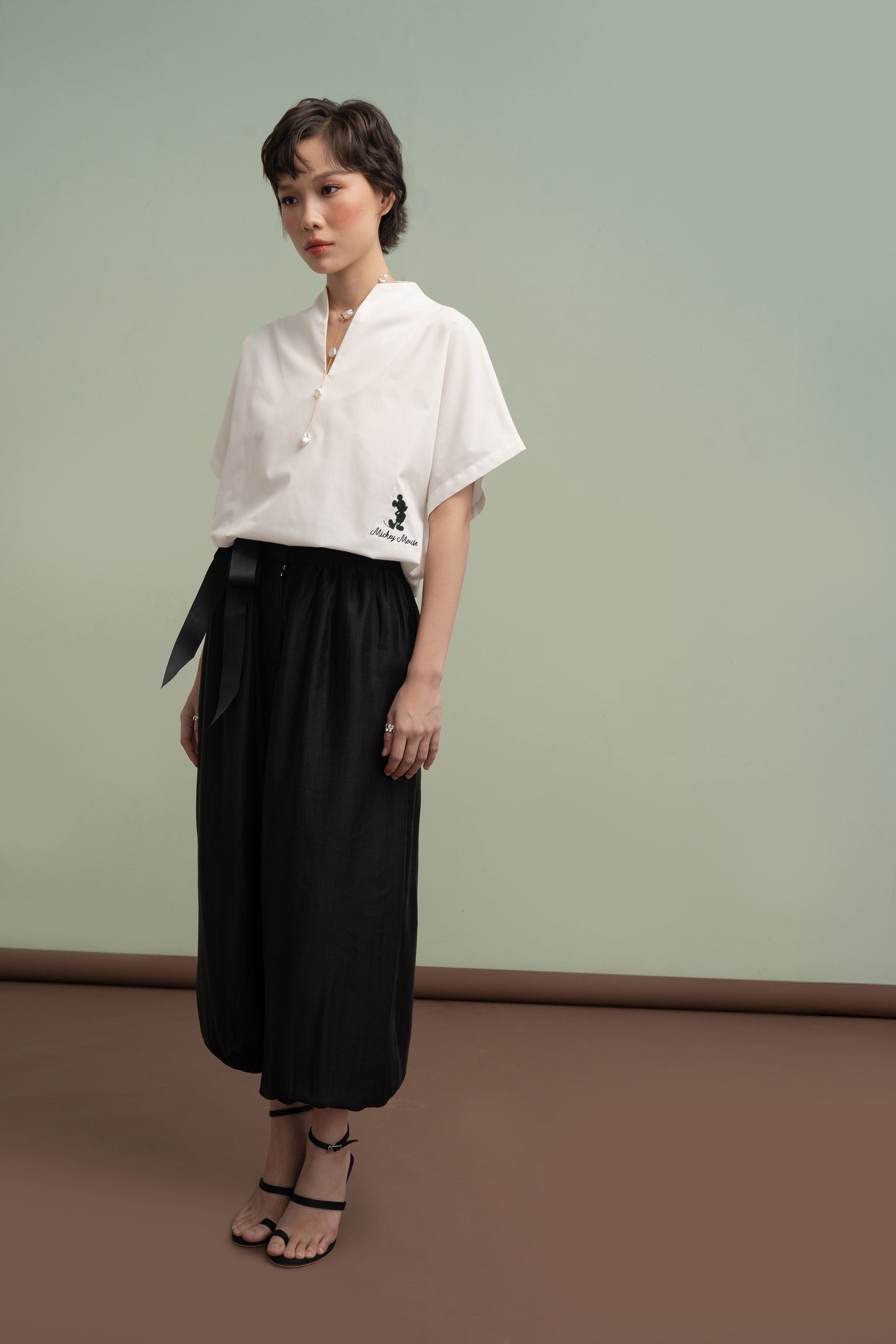 MM High Neck With Embroidery Top in Buttermilk