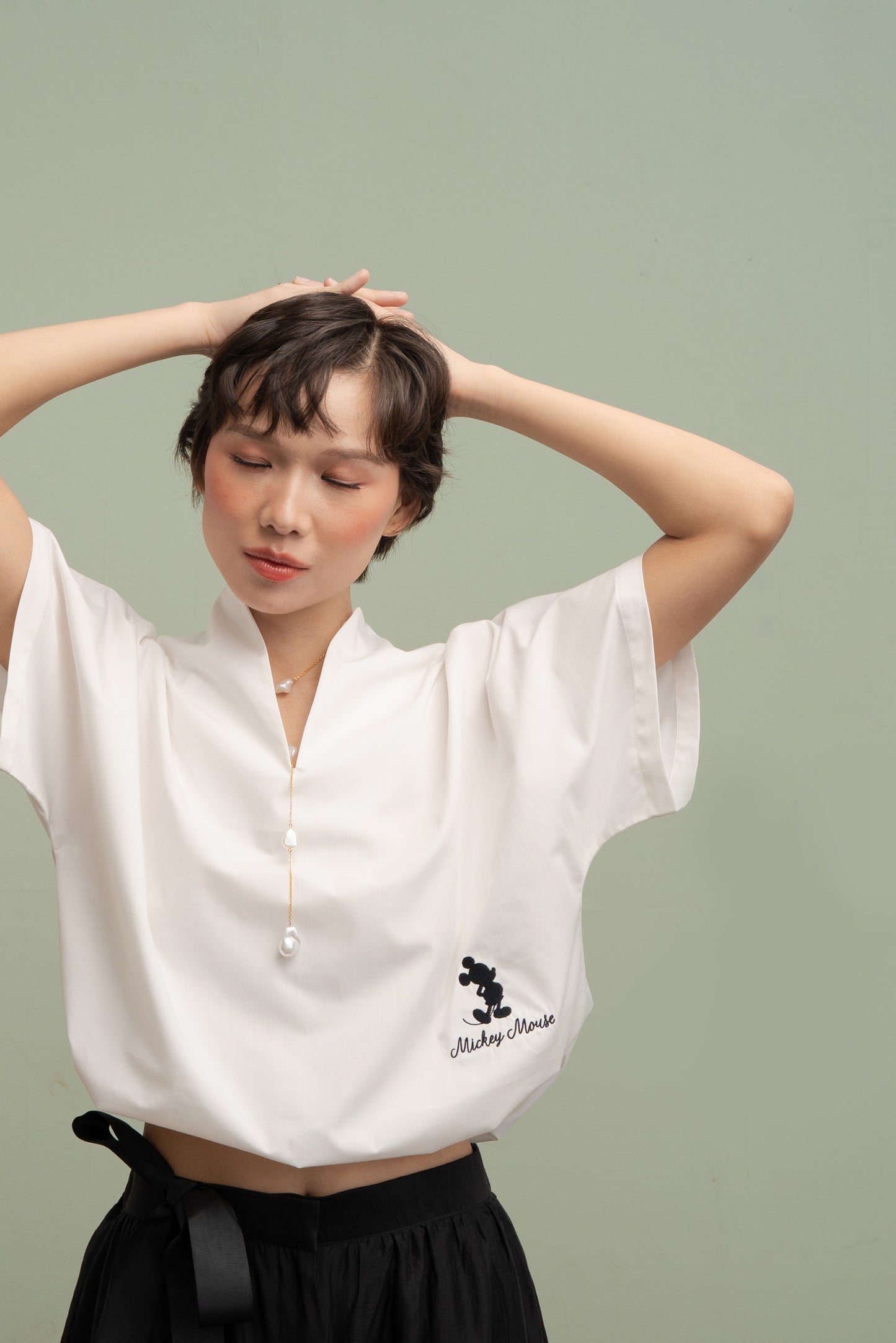 MM High Neck With Embroidery Top in Buttermilk