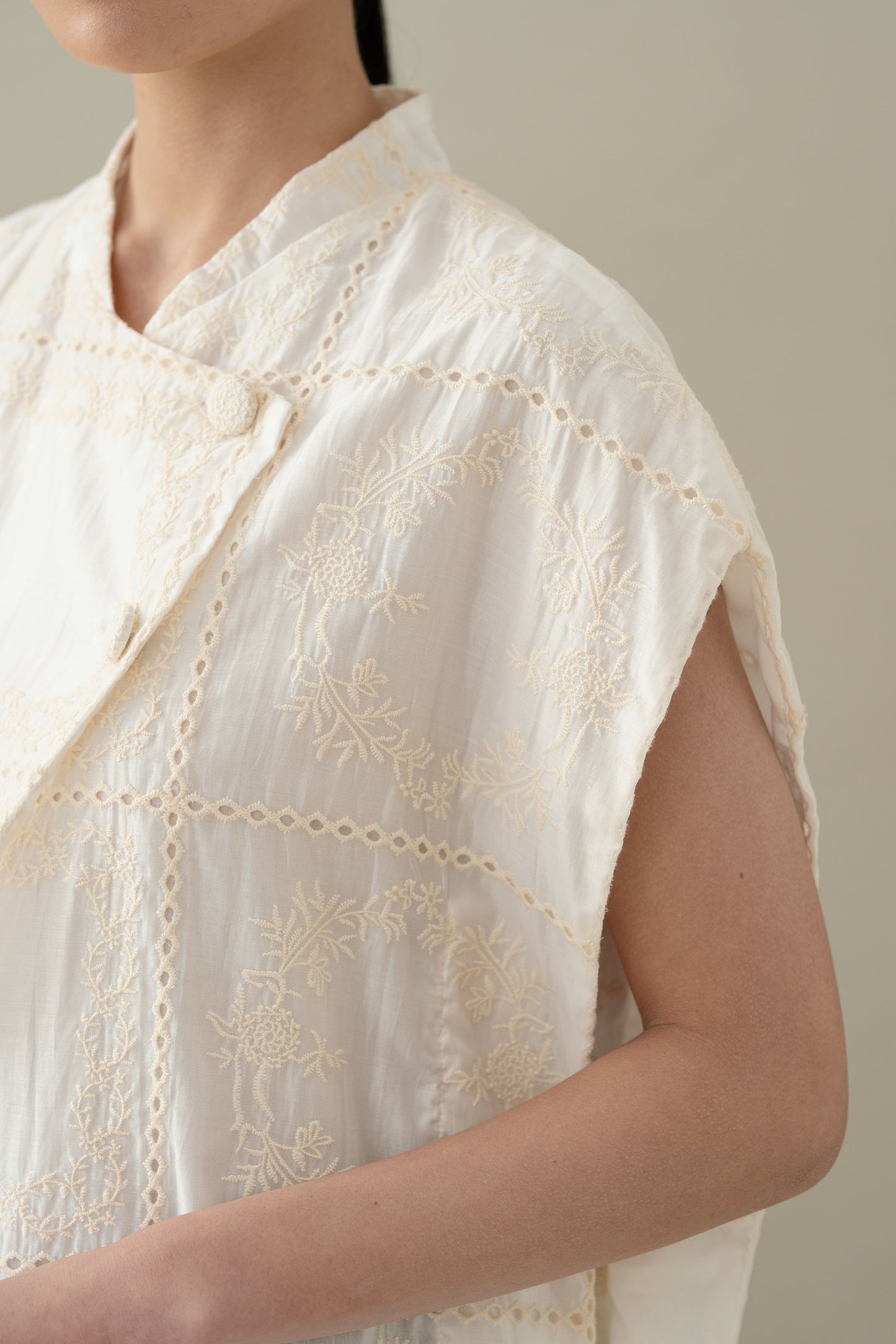 Lembayung Asymmetric Embroidery Top in Buttermilk