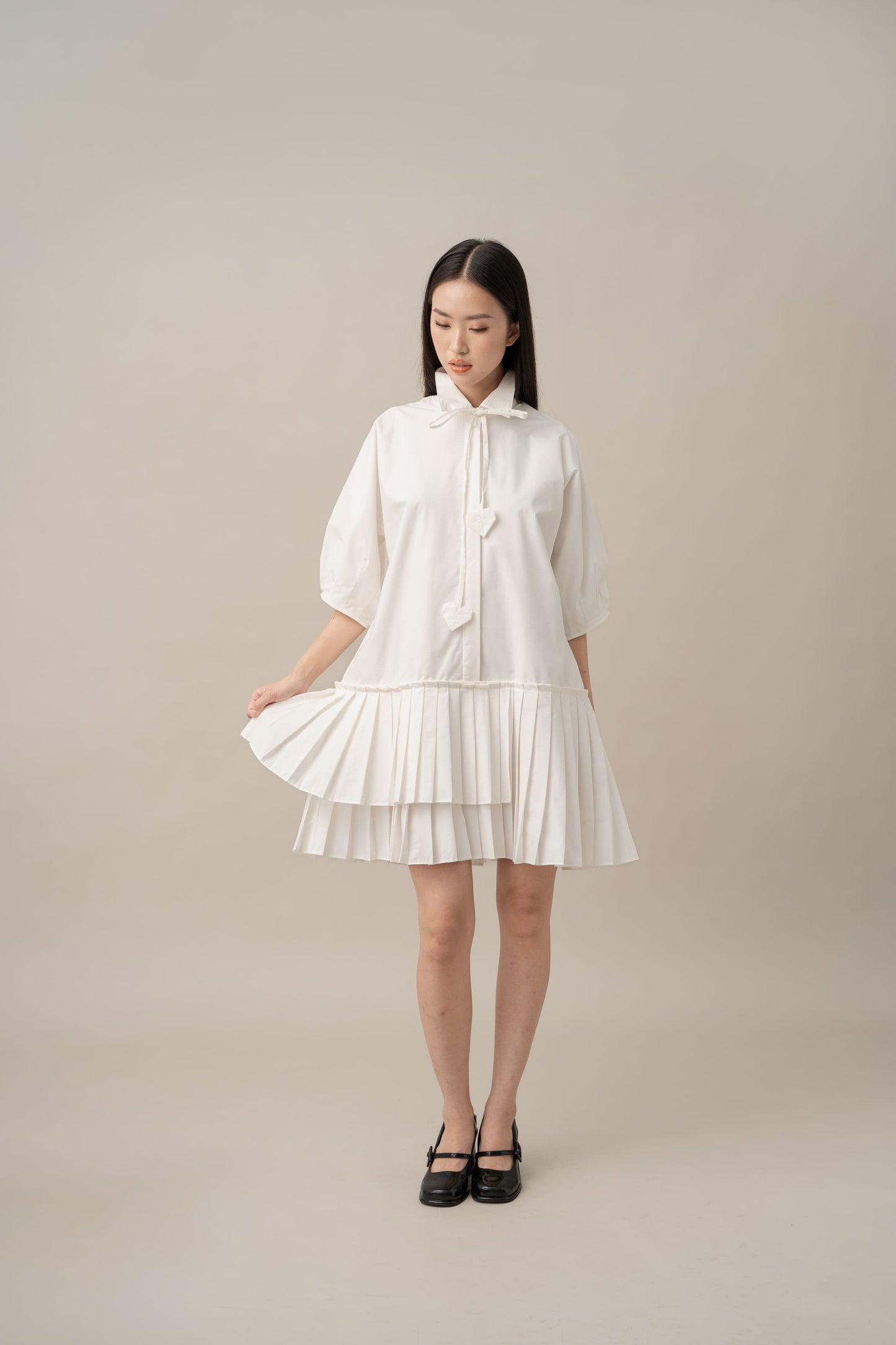 PO DA Big Heart Pleats Dress in Buttermilk