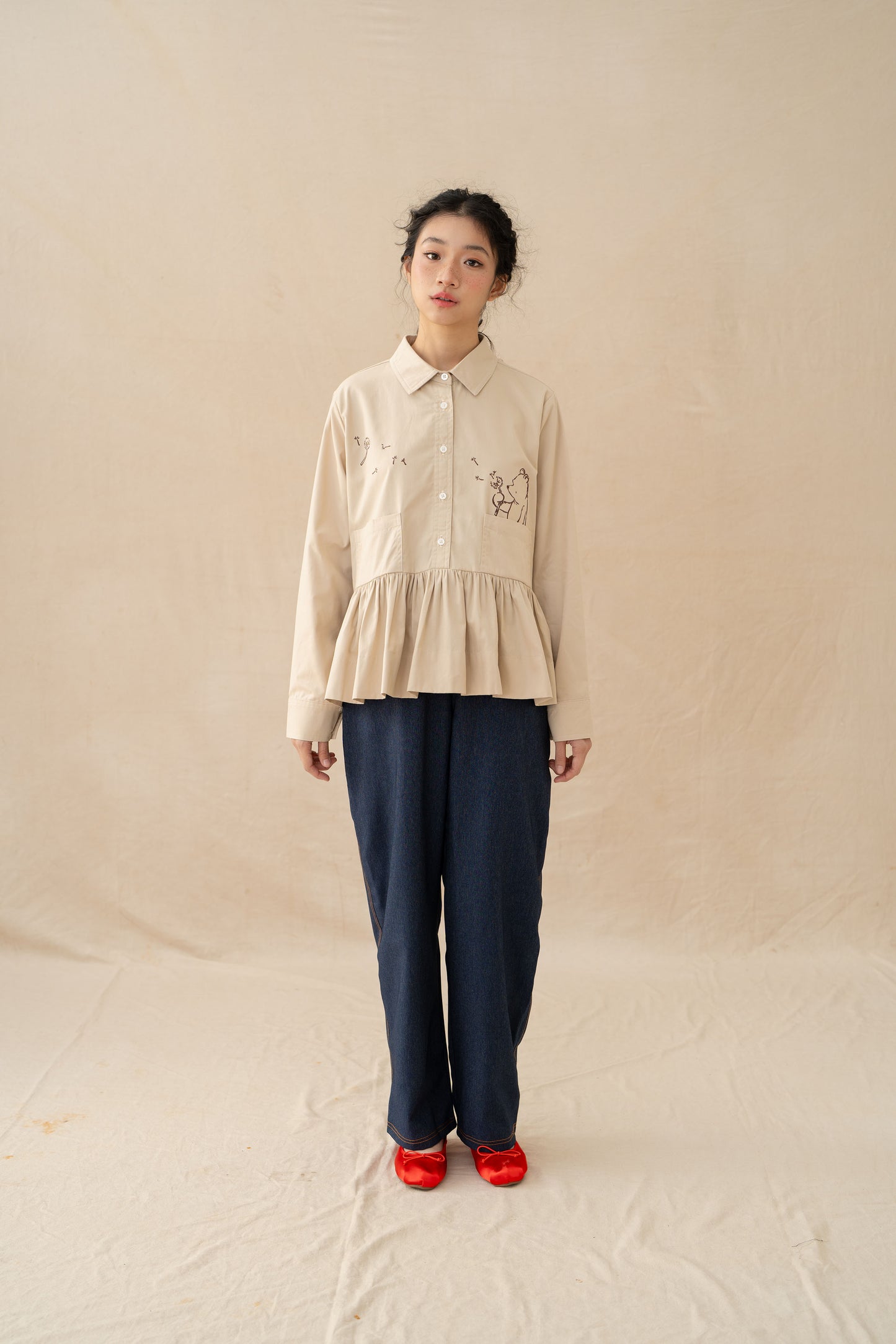WTP Embroidery Long Sleeve Top in Beige