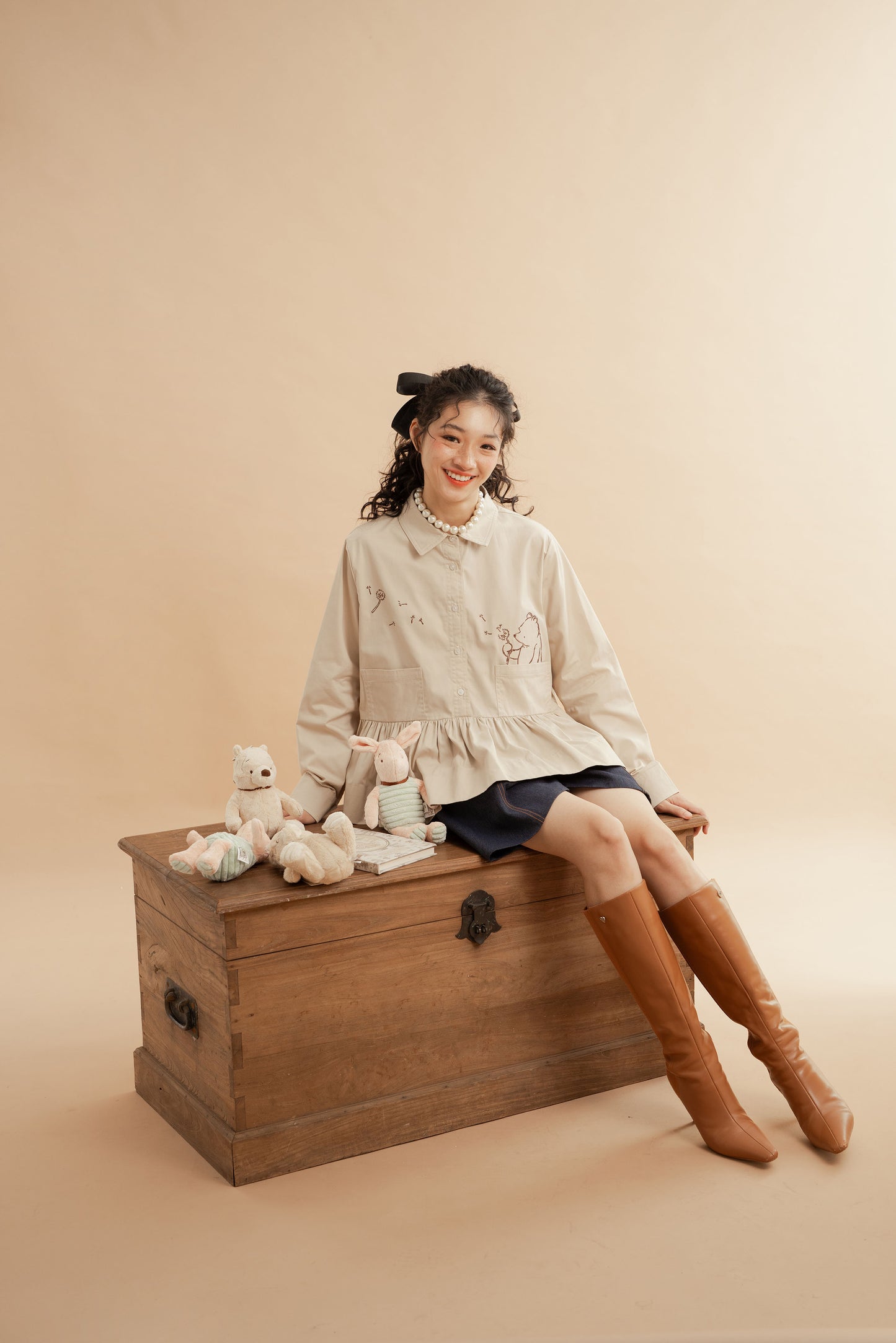 WTP Embroidery Long Sleeve Top in Beige