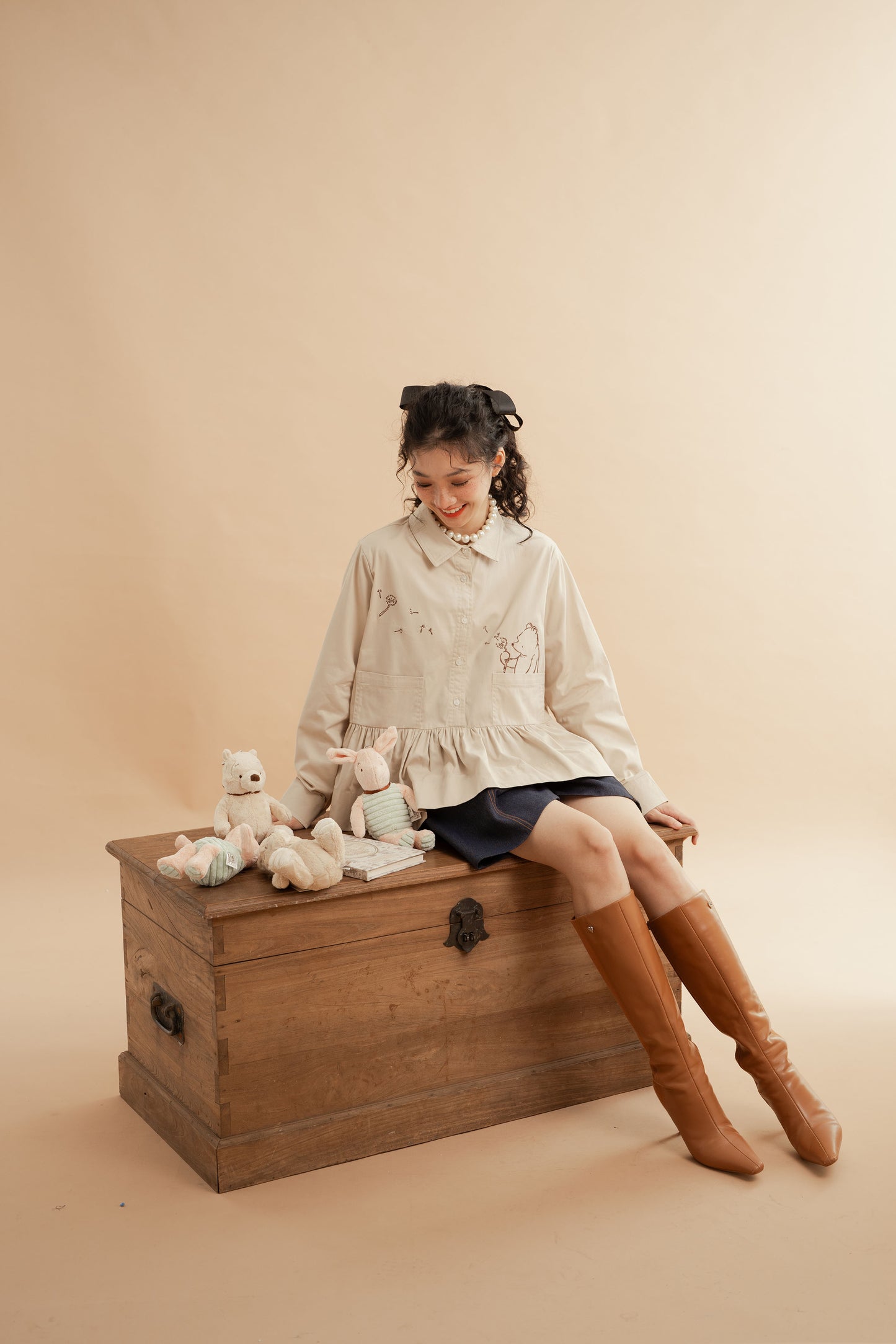 WTP Embroidery Long Sleeve Top in Beige