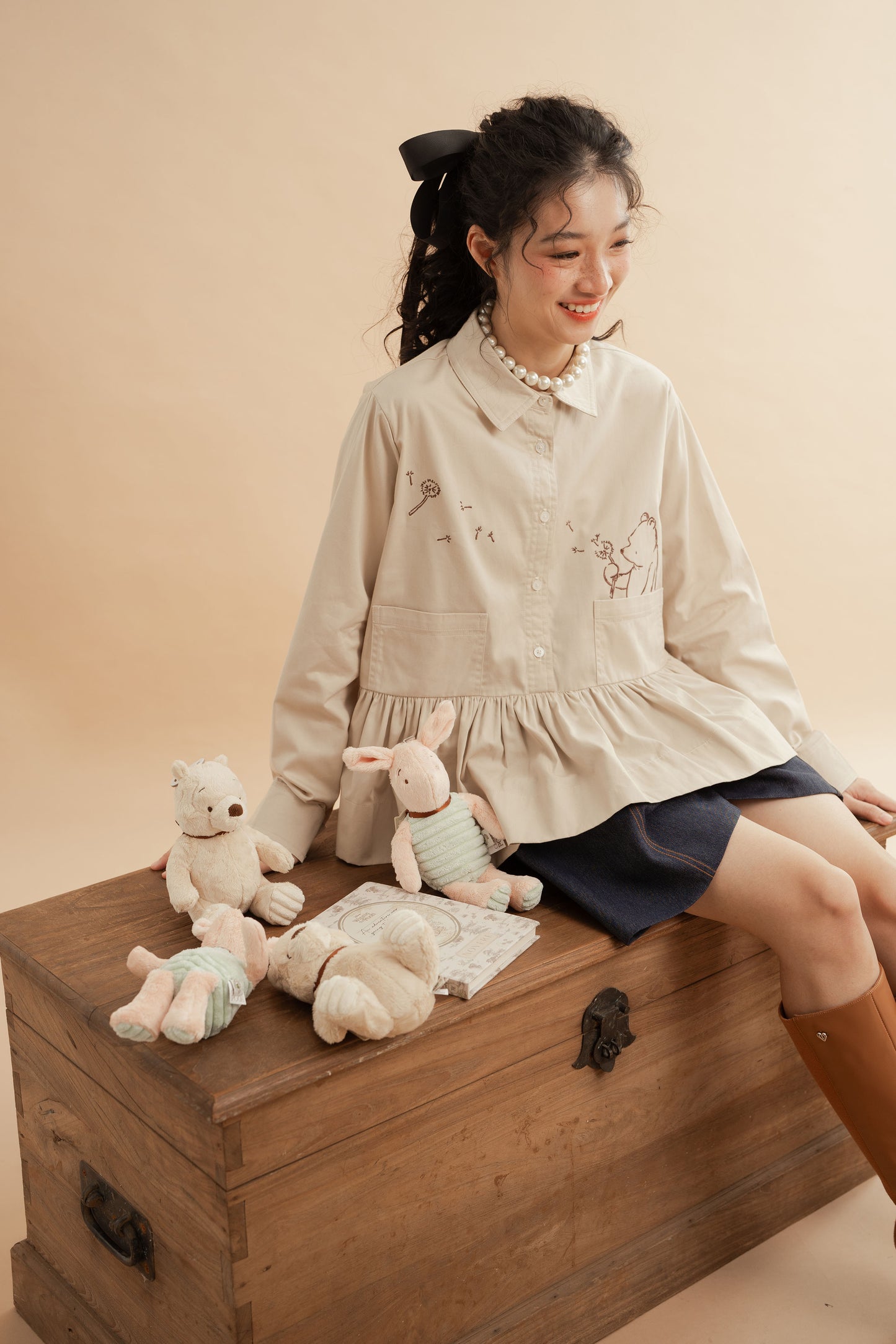 WTP Embroidery Long Sleeve Top in Beige