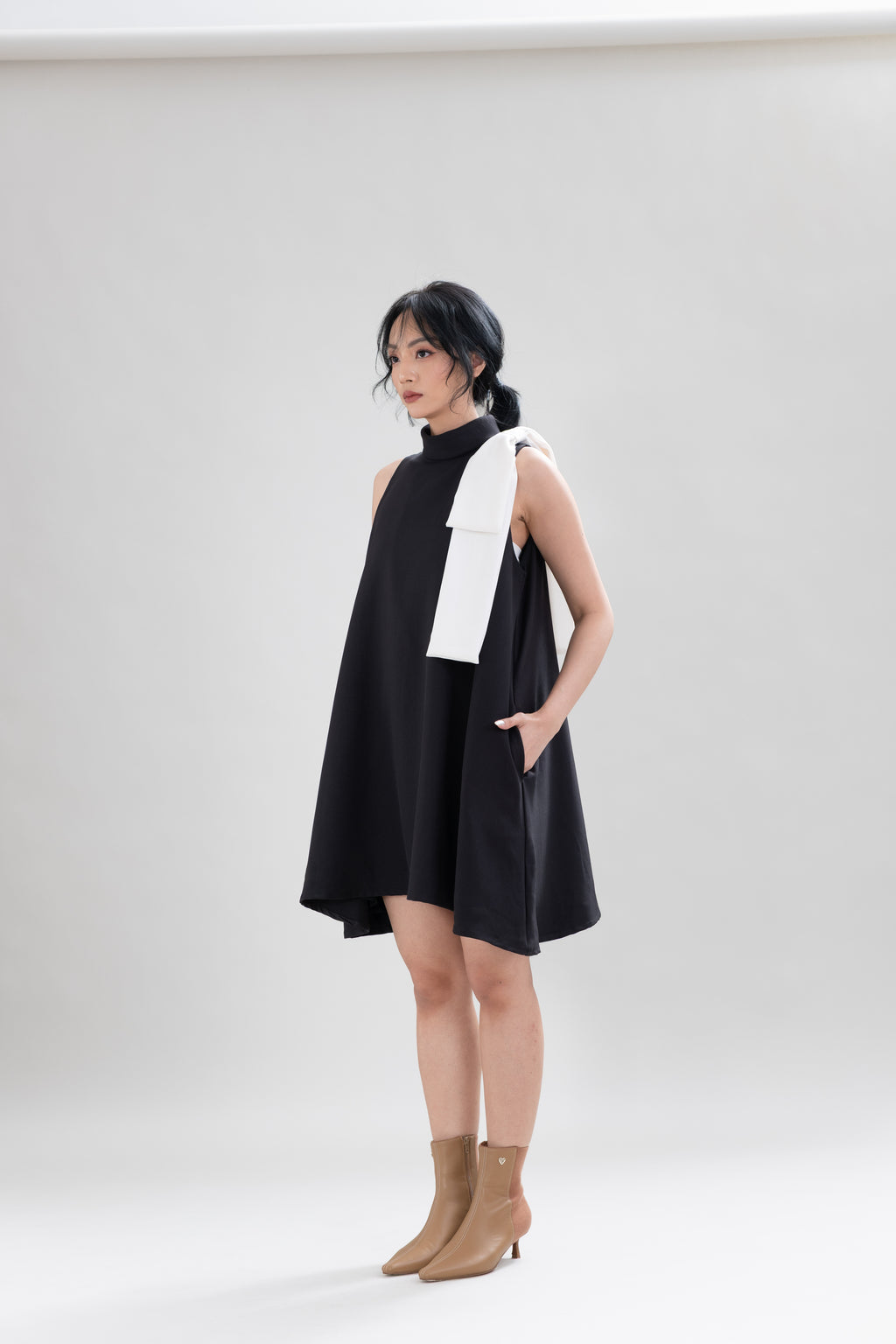 HT Big Bow Mini Dress in Licorice