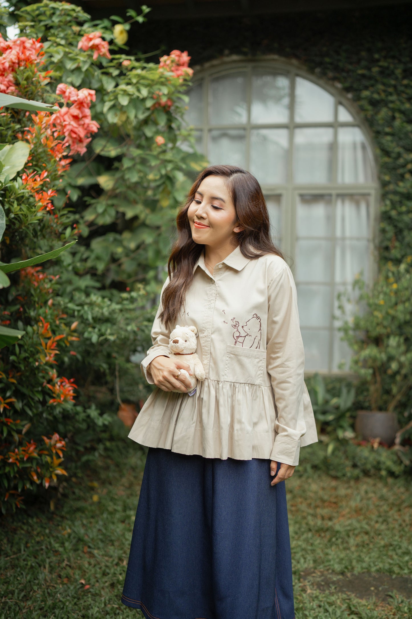 WTP Embroidery Long Sleeve Top in Beige