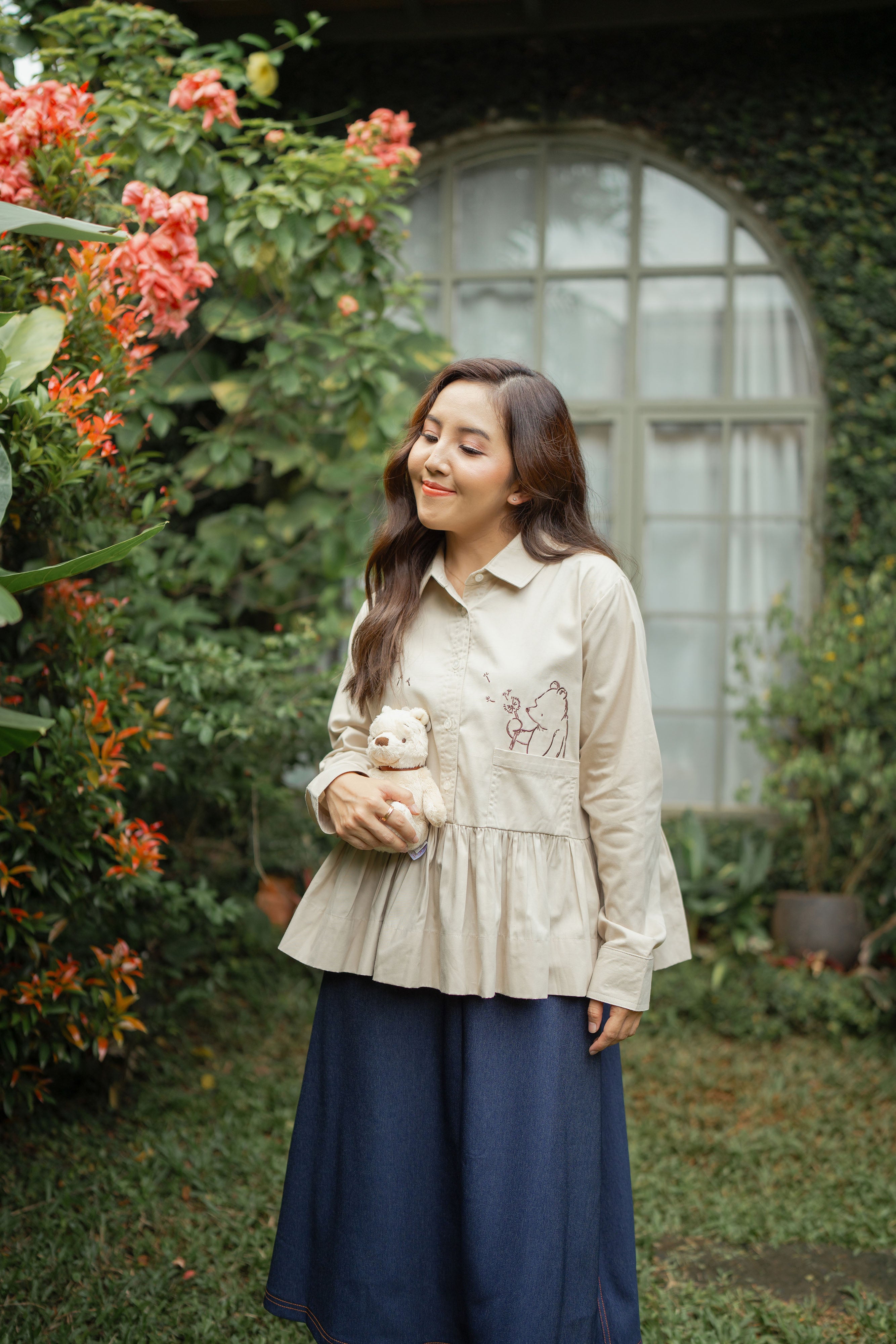 WTP Embroidery Long Sleeve Top in Beige