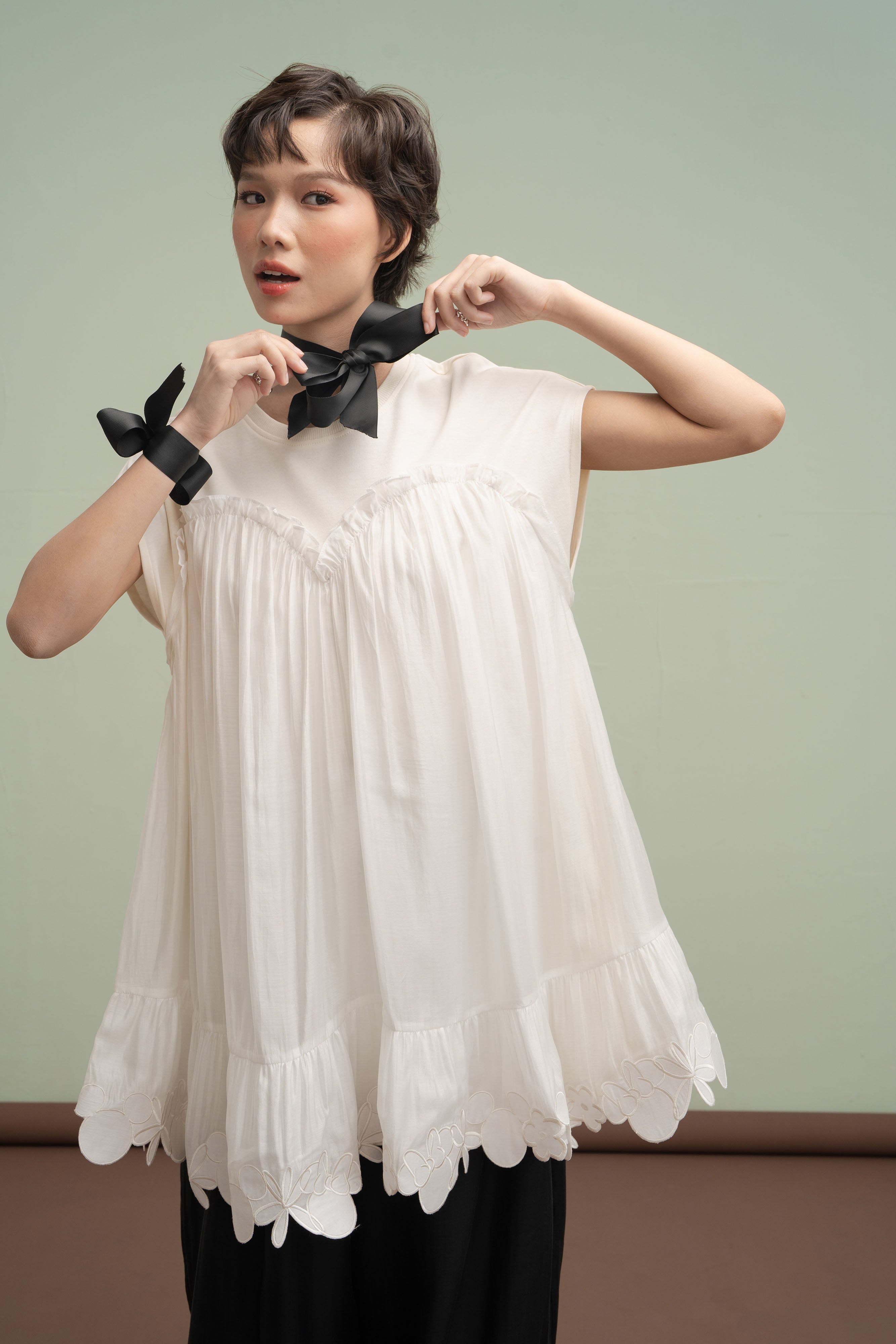 MM Bloom Embroidery Mini Dress in Buttermilk