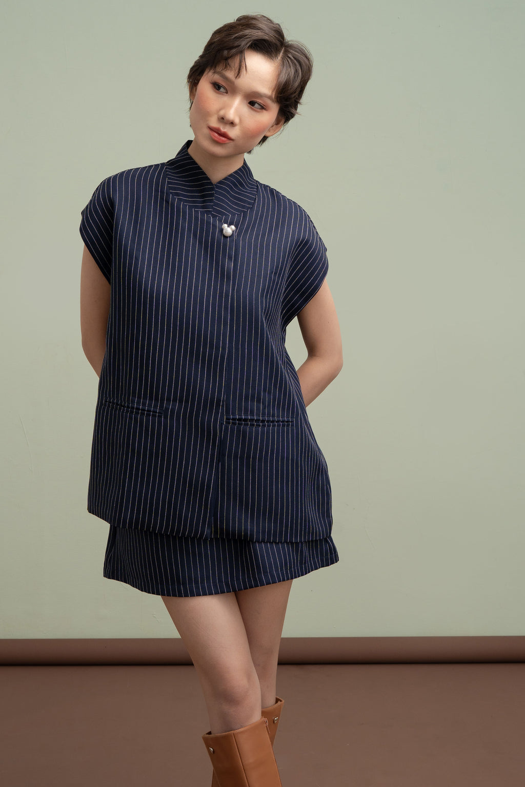 MM Button Stripe Top in Navy