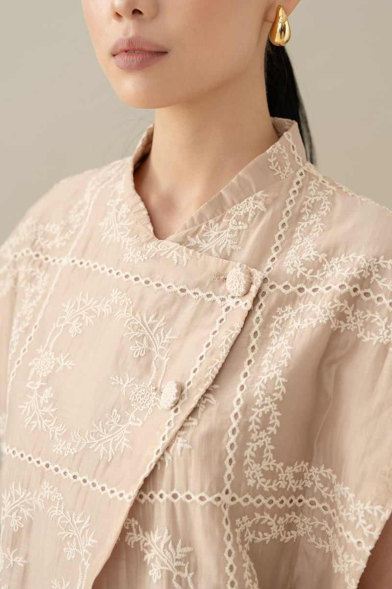 Lembayung Asymmetric Embroidery Top in Cream (Ready Shipment 11-25 March 2025)