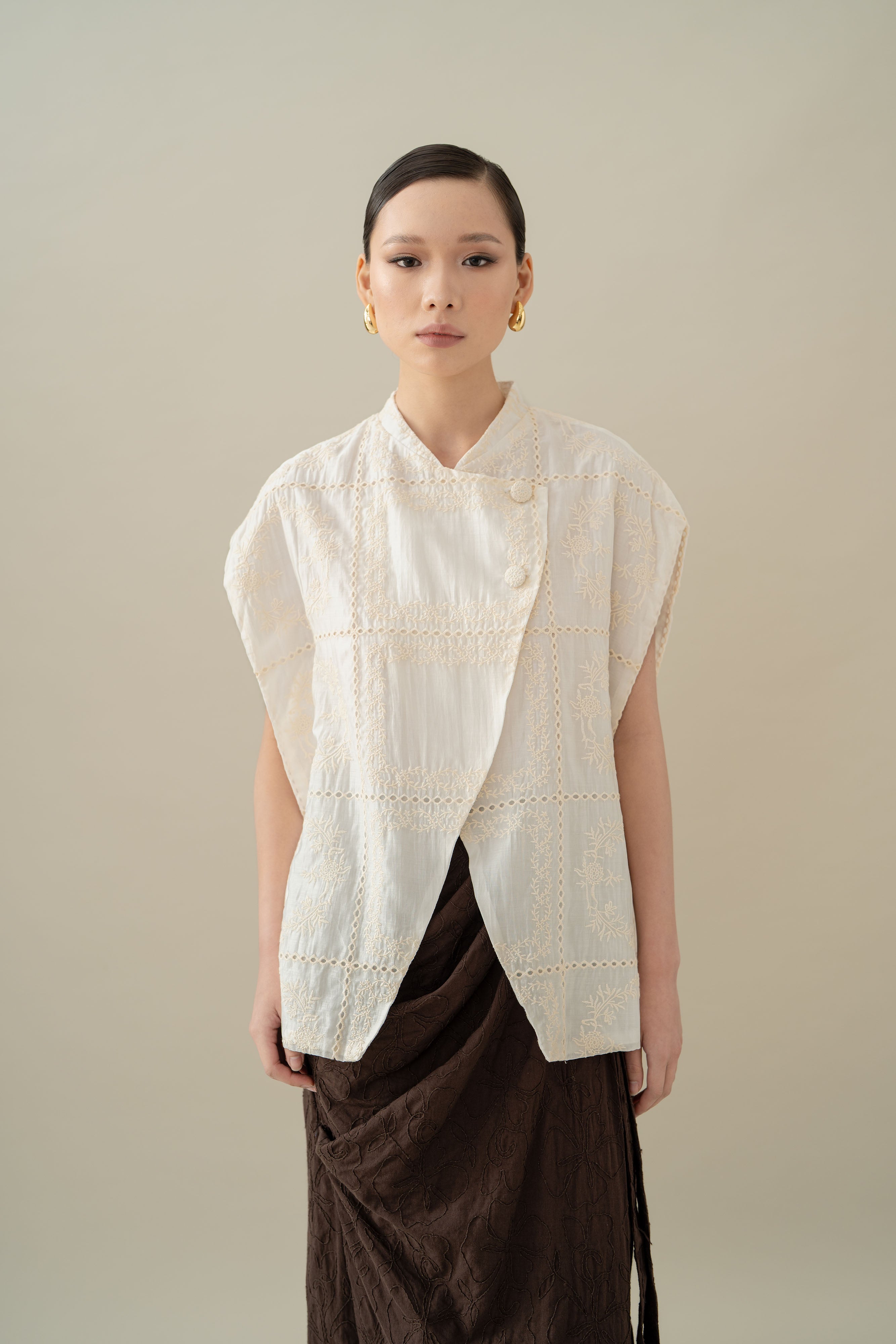 Lembayung Asymmetric Embroidery Top in Buttermilk