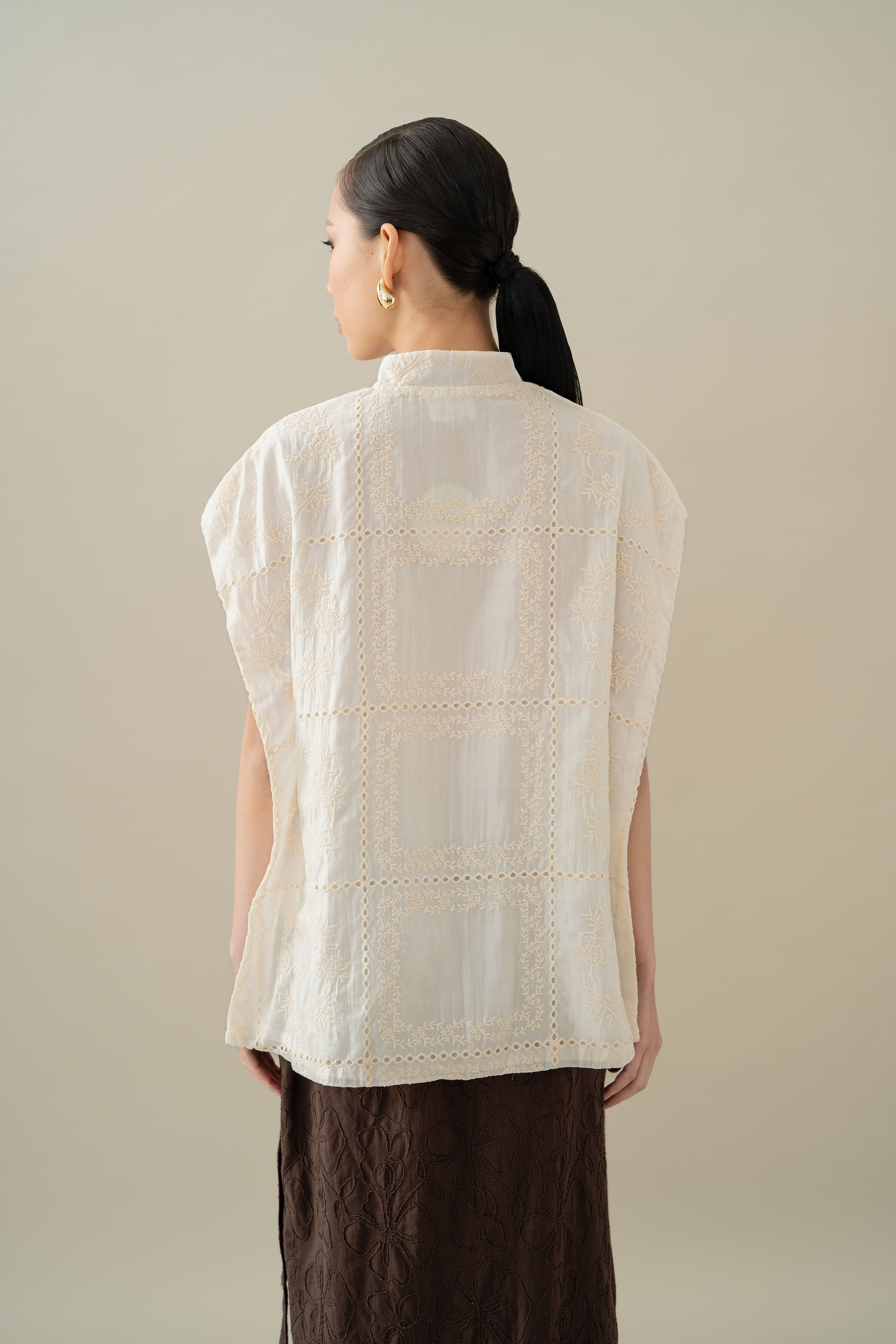 Lembayung Asymmetric Embroidery Top in Buttermilk