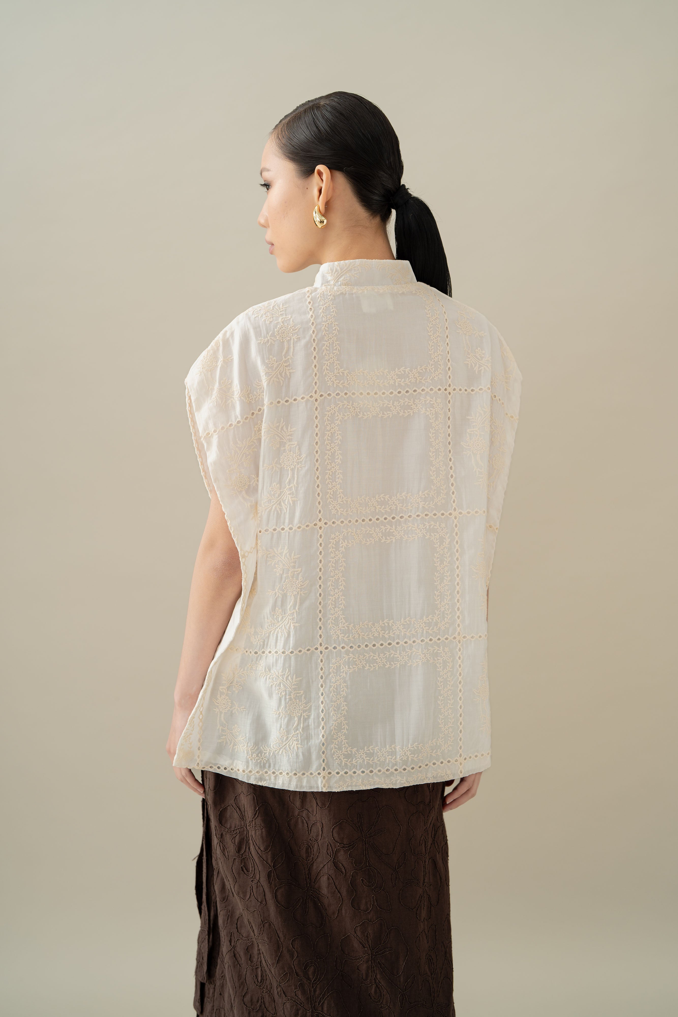 Lembayung Asymmetric Embroidery Top in Buttermilk