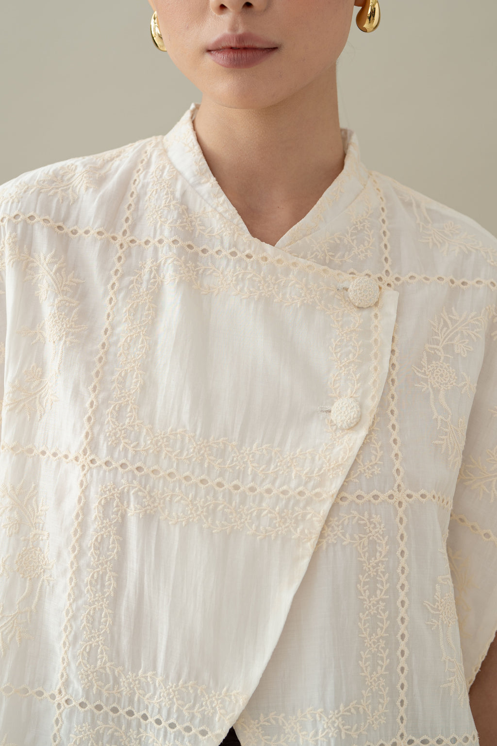 Lembayung Asymmetric Embroidery Top in Buttermilk