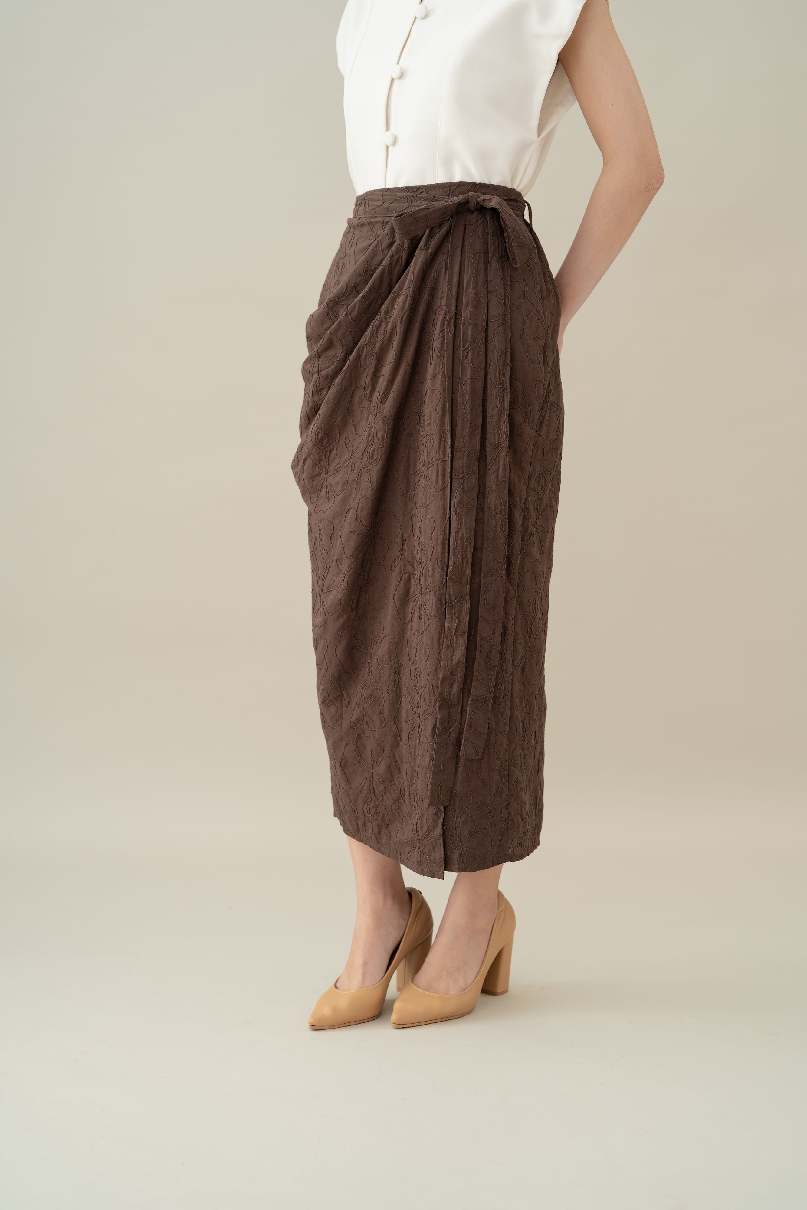 Lembayung Embroidery Wrap Skirt in Espresso