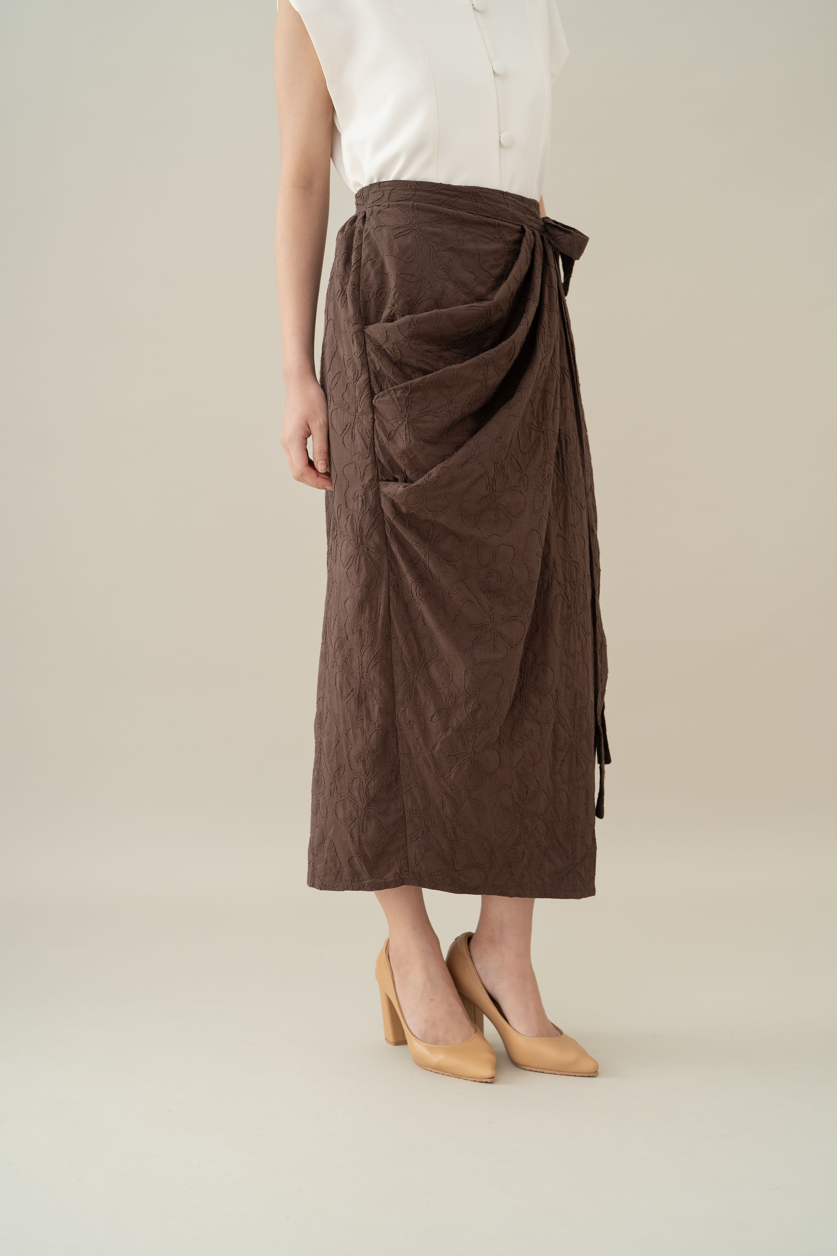 Lembayung Embroidery Wrap Skirt in Espresso