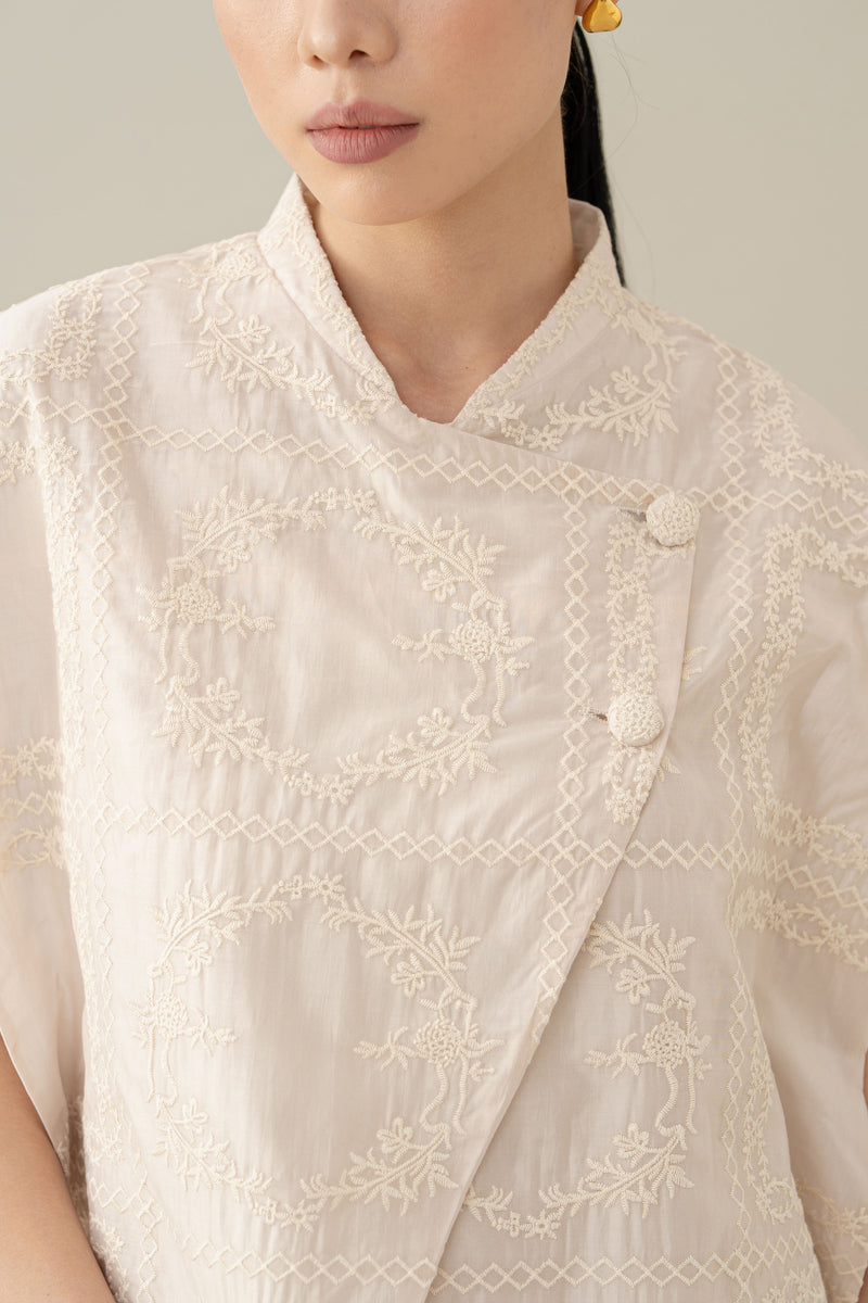 Lembayung Asymmetric Embroidery Top in Blush (Ready Shipment 11-25 March 2025)