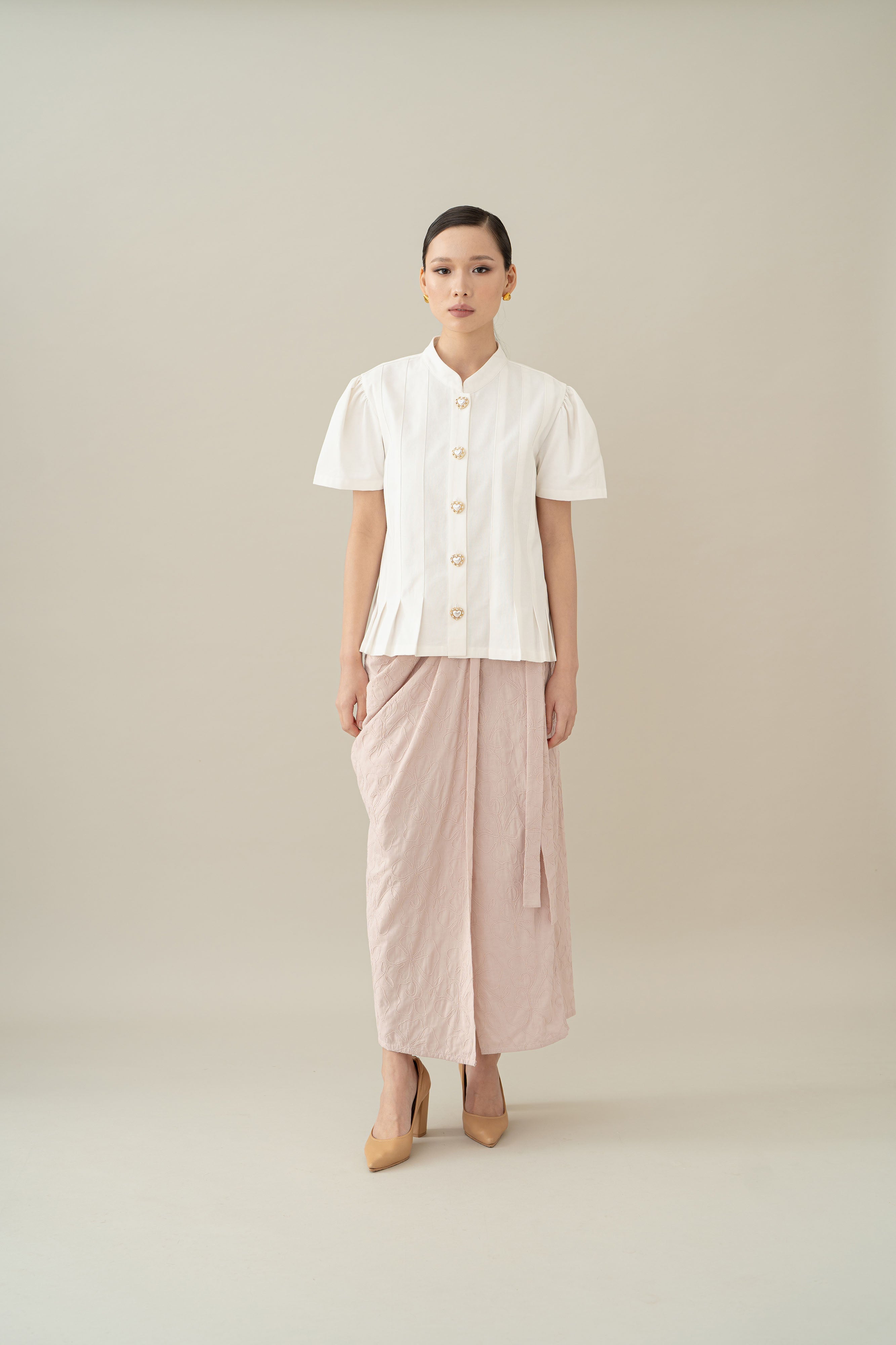 Lembayung Button Peplum Top in Buttermilk