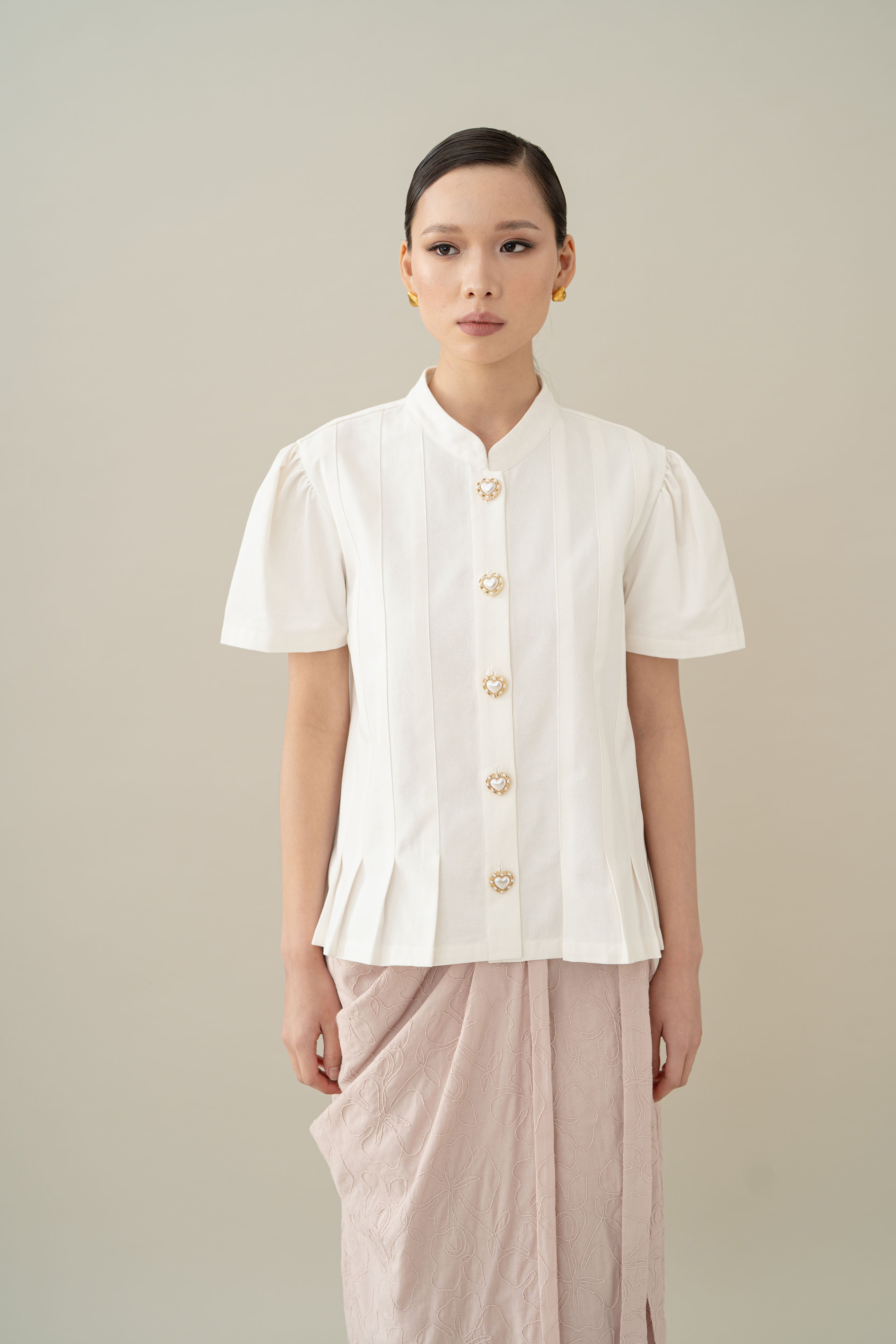 Lembayung Button Peplum Top in Buttermilk