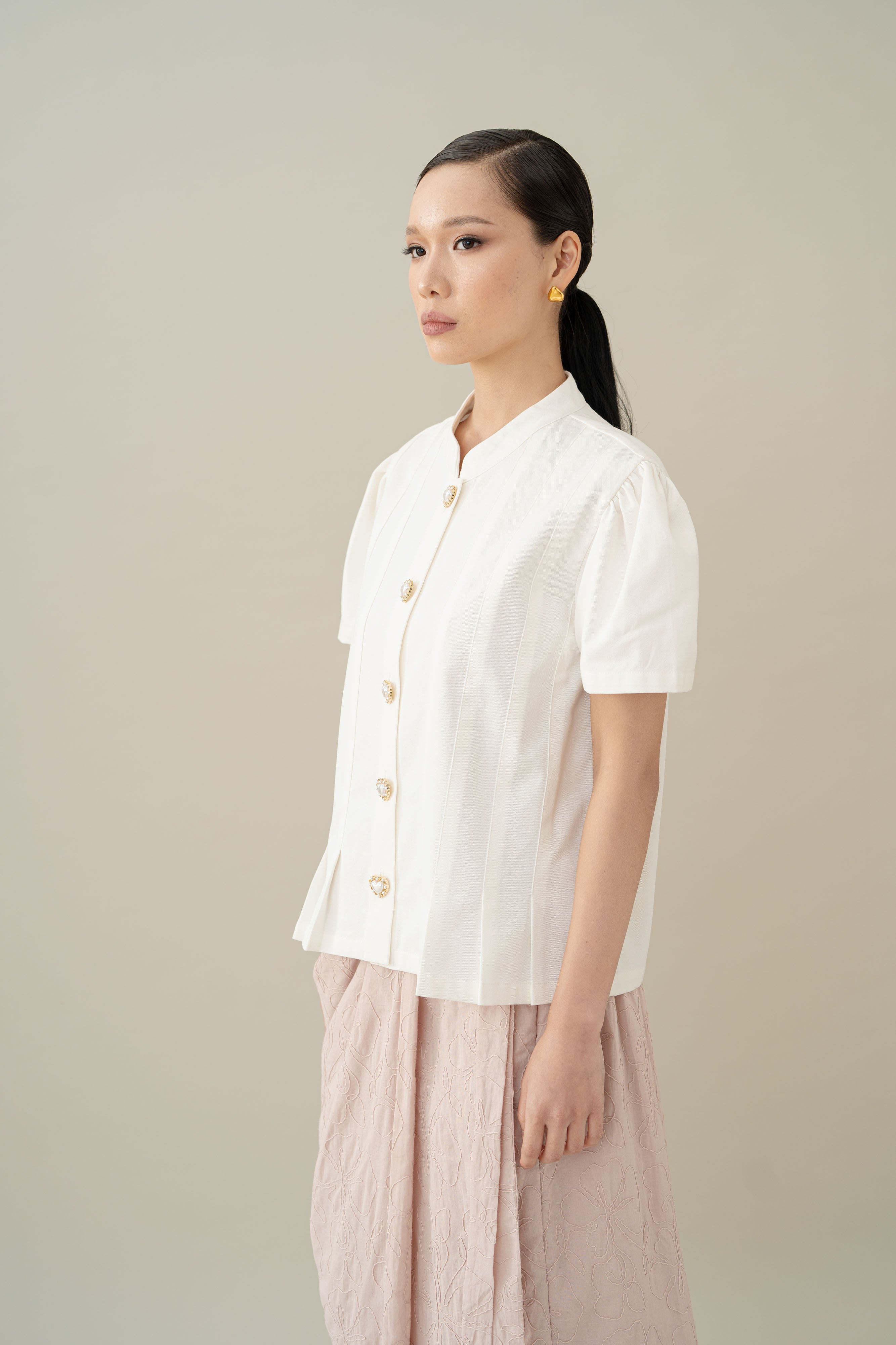 Lembayung Button Peplum Top in Buttermilk