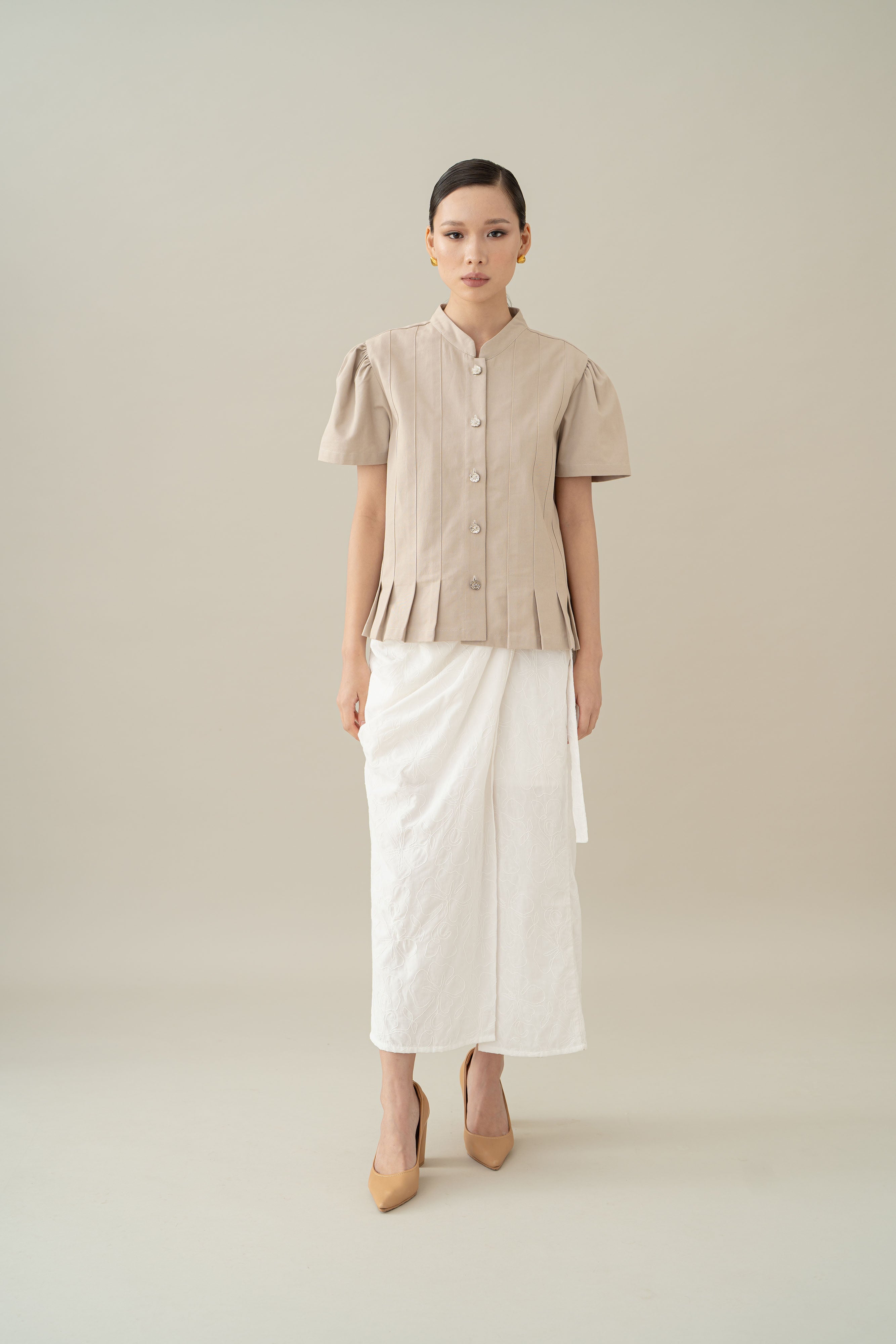 Lembayung Button Peplum Top in Sand