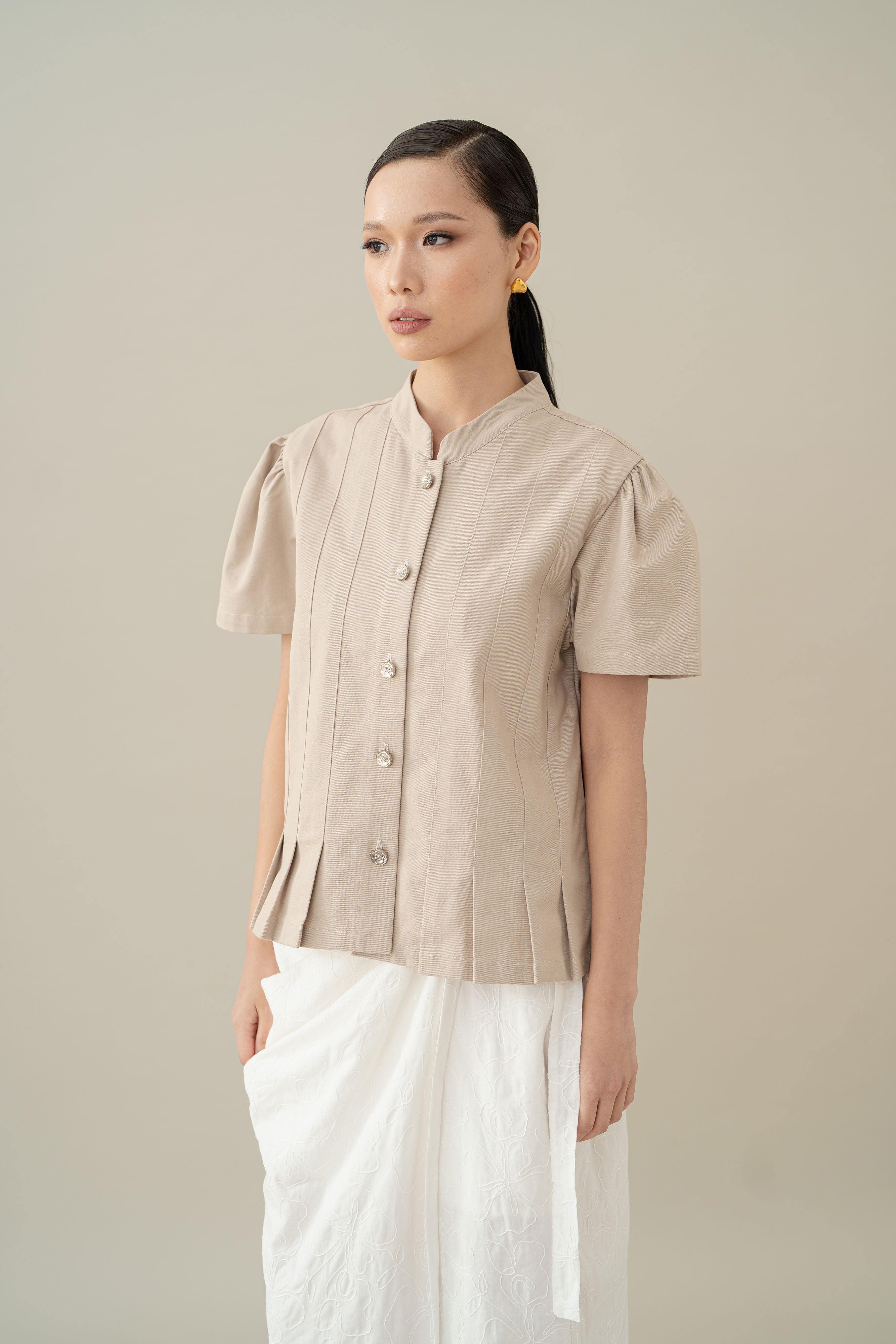 Lembayung Button Peplum Top in Sand