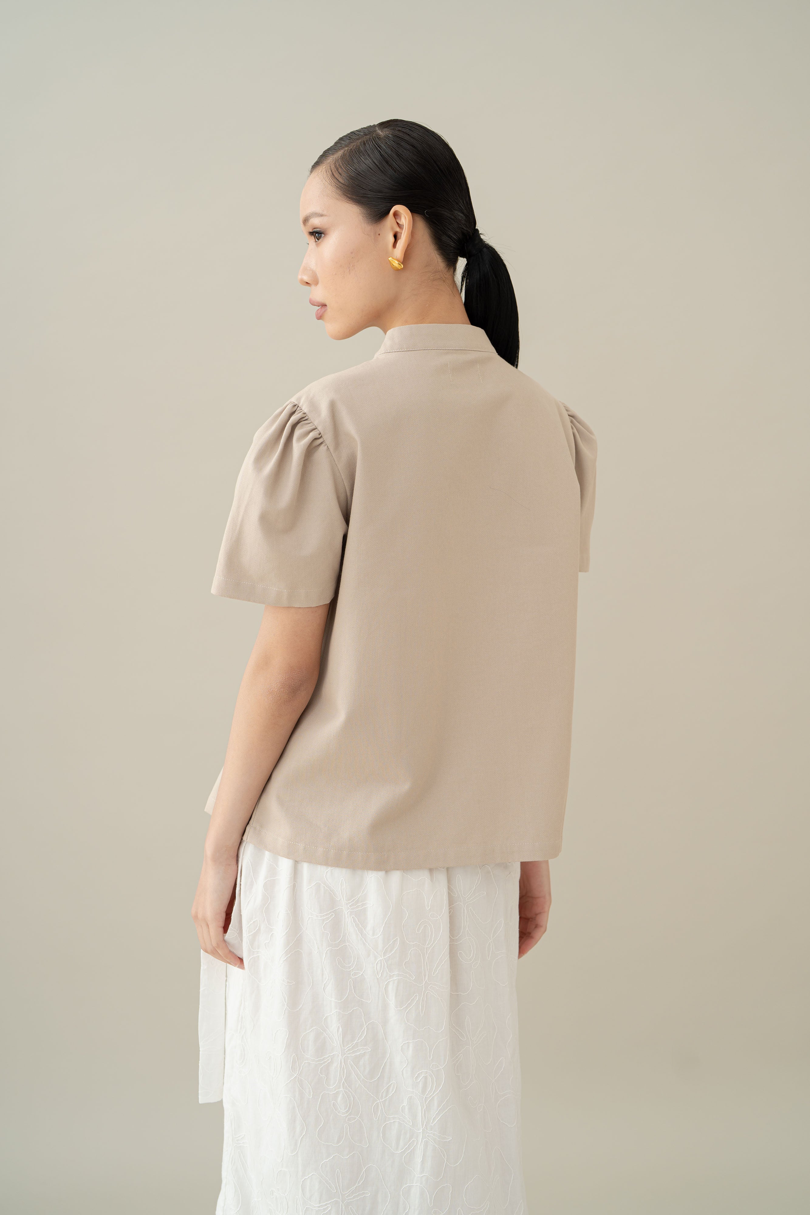 Lembayung Button Peplum Top in Sand