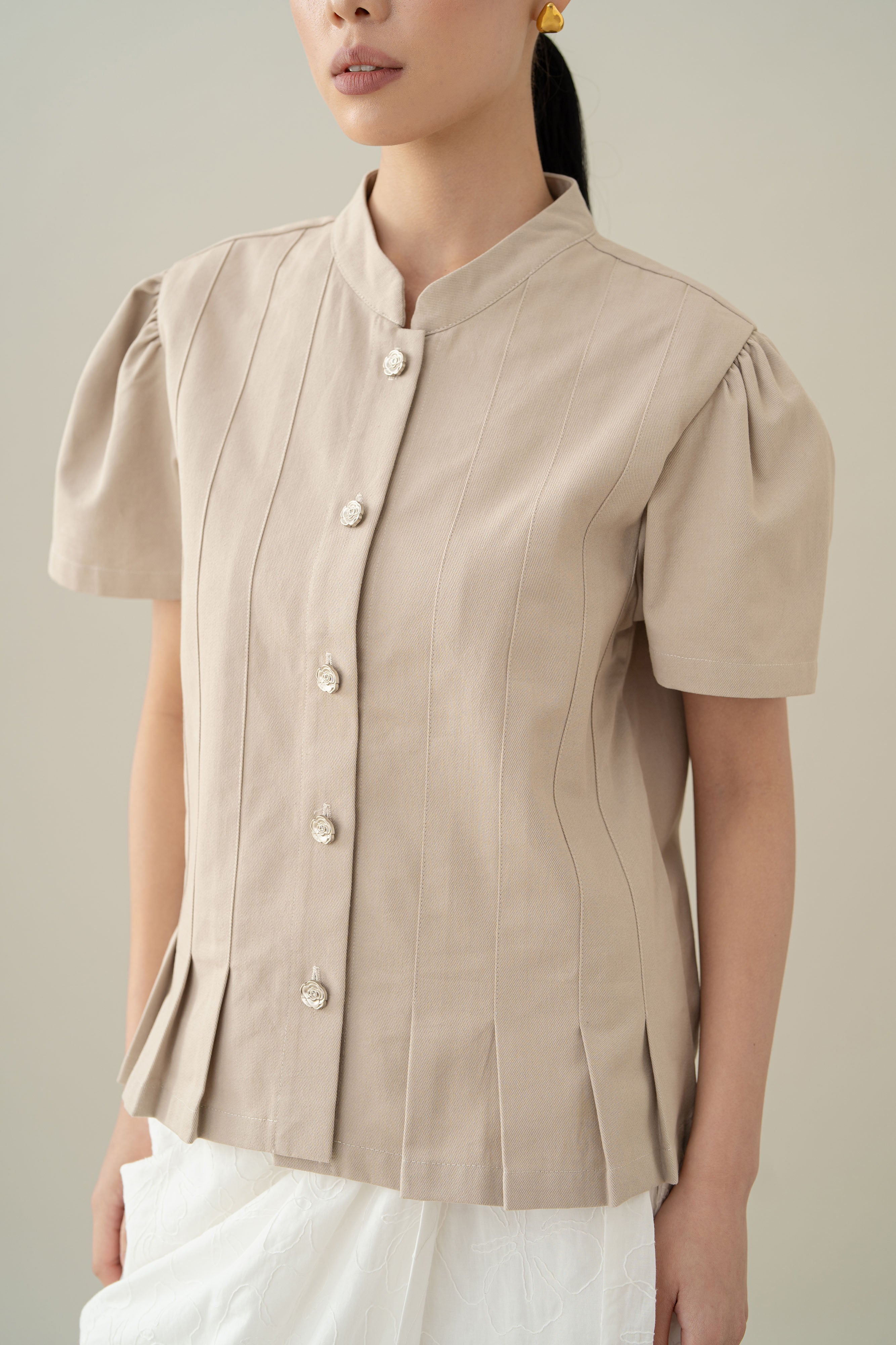 Lembayung Button Peplum Top in Sand