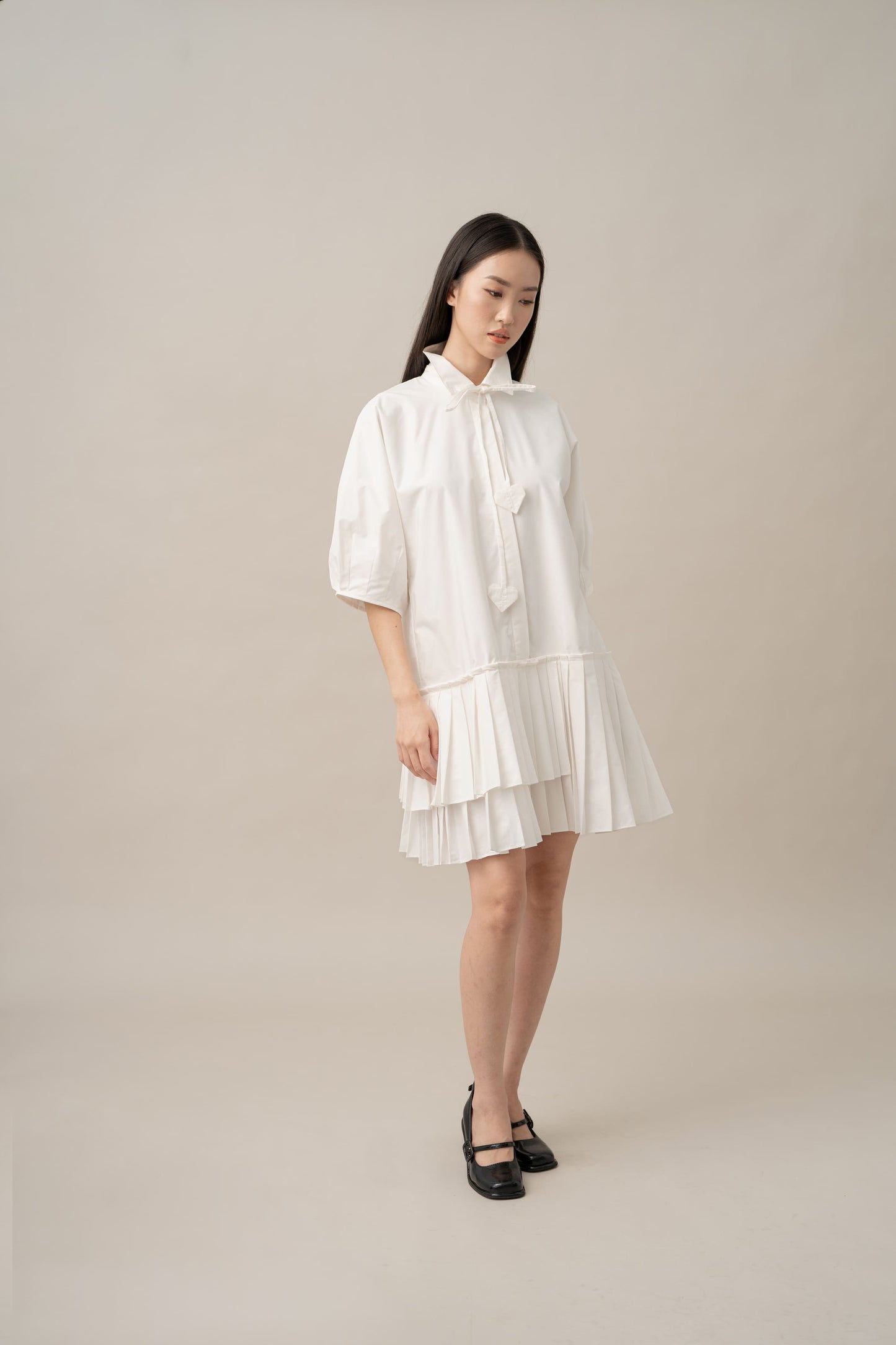 PO DA Big Heart Pleats Dress in Buttermilk