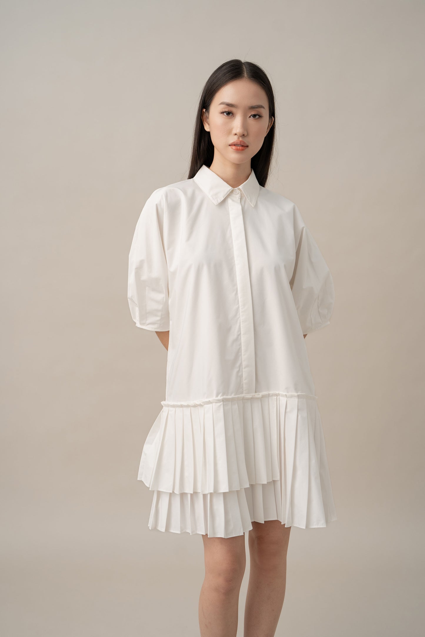 PO DA Big Heart Pleats Dress in Buttermilk