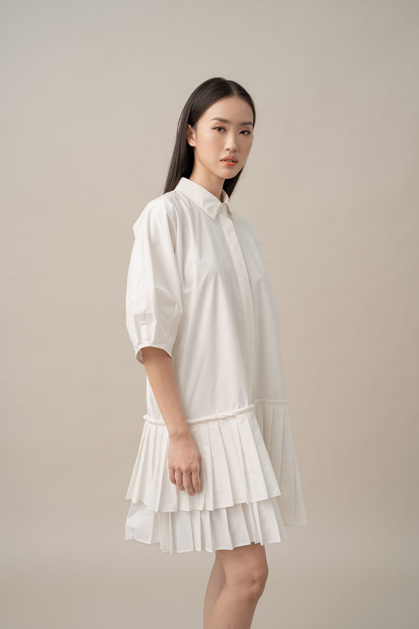 PO DA Big Heart Pleats Dress in Buttermilk