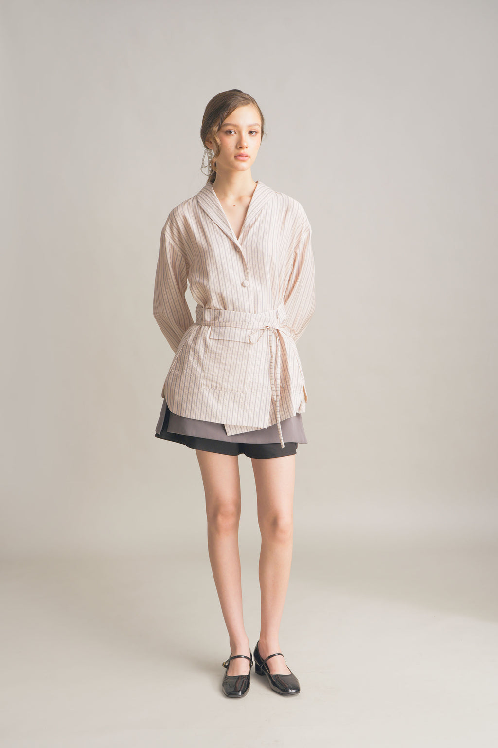 PO Quiet Stripe Shirt with Obi in Light Pink (Shipment Date 15 September-05 October 2026)