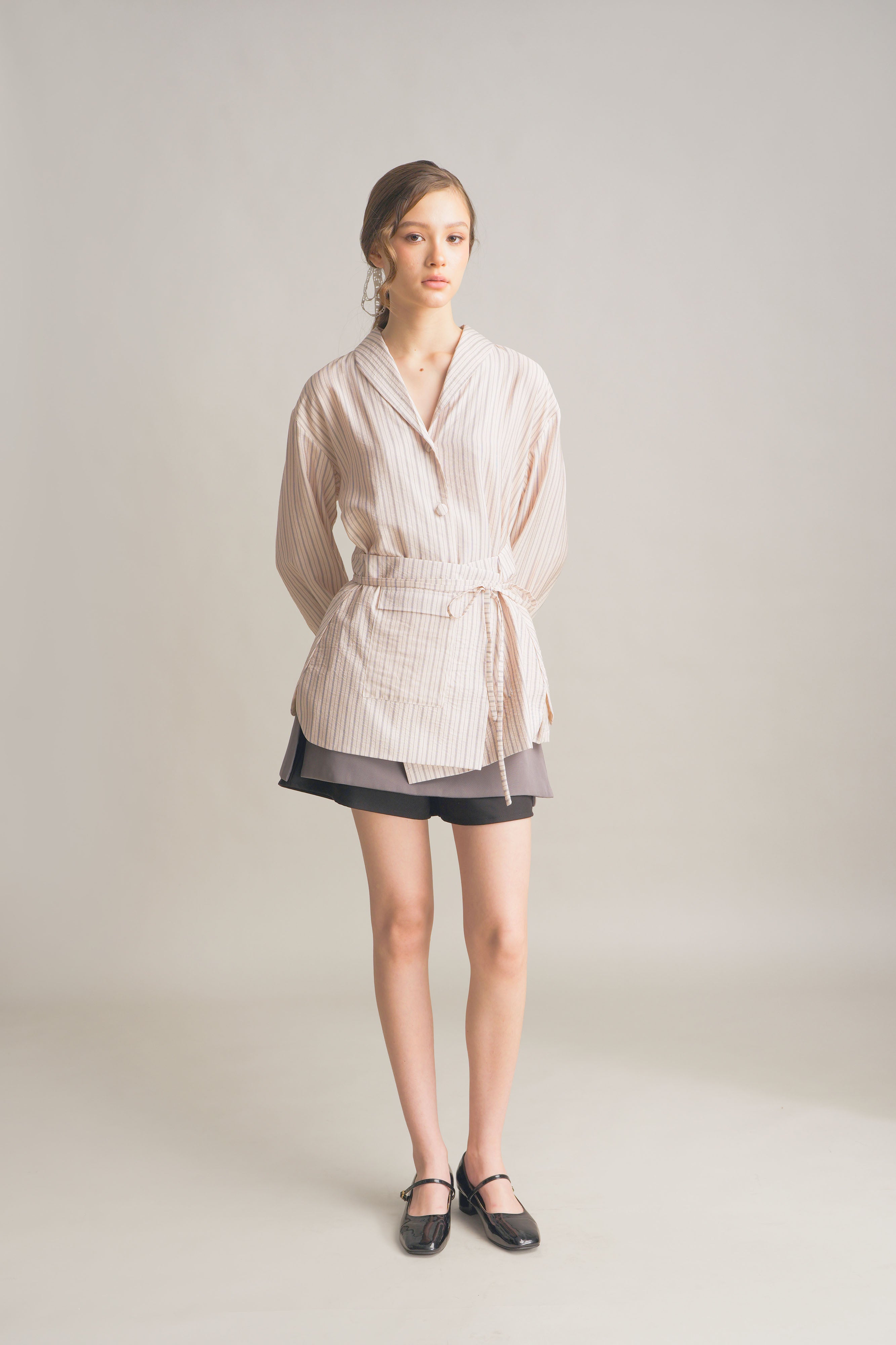 PO Quiet Stripe Shirt with Obi in Light Pink (Shipment Date 15 September-05 October 2026)