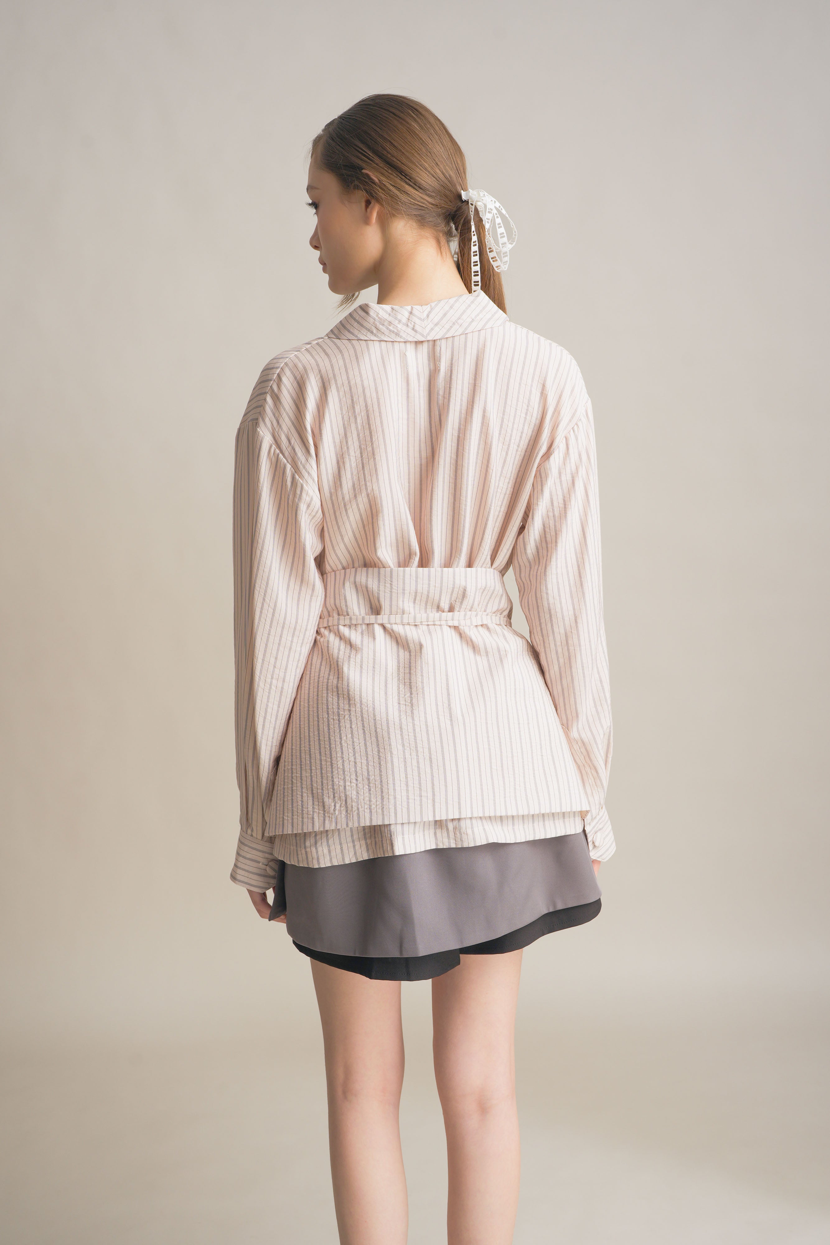 PO Quiet Stripe Shirt with Obi in Light Pink (Shipment Date 15 September-05 October 2026)