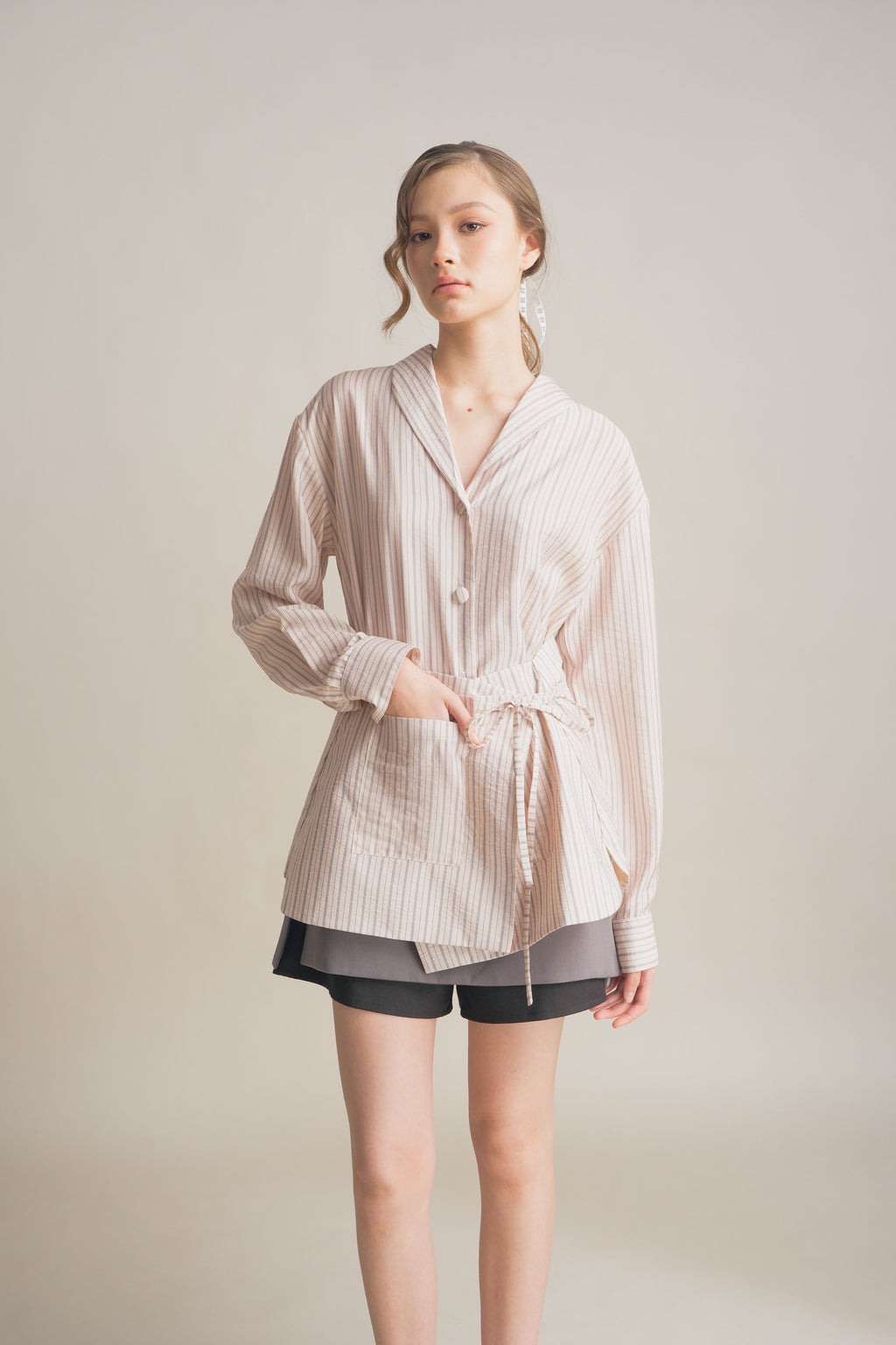 PO Quiet Stripe Shirt with Obi in Light Pink (Shipment Date 15 September-05 October 2026)