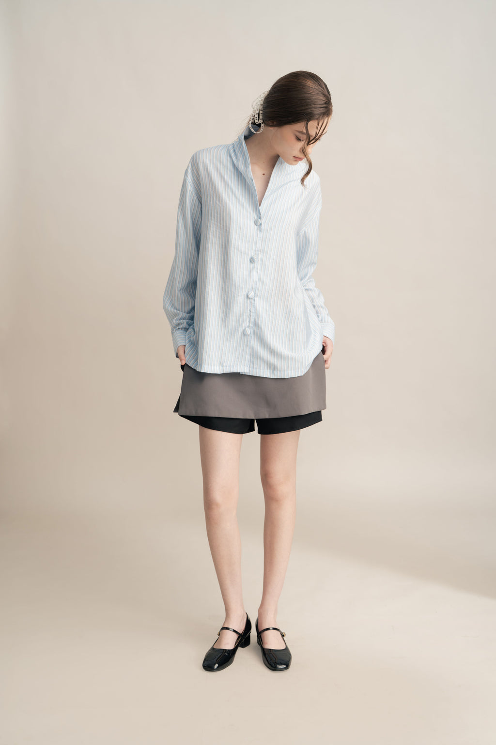PO Quiet Stripe Shirt with Obi in Blue (Shipment Date 15 September-05 October 2026)