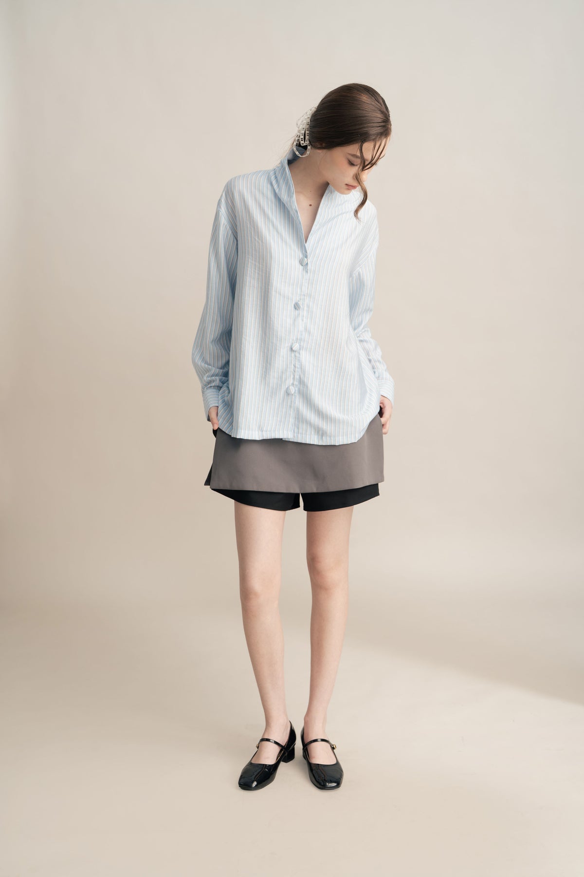 PO Quiet Stripe Shirt with Obi in Blue (Shipment Date 15 September-05 October 2026)