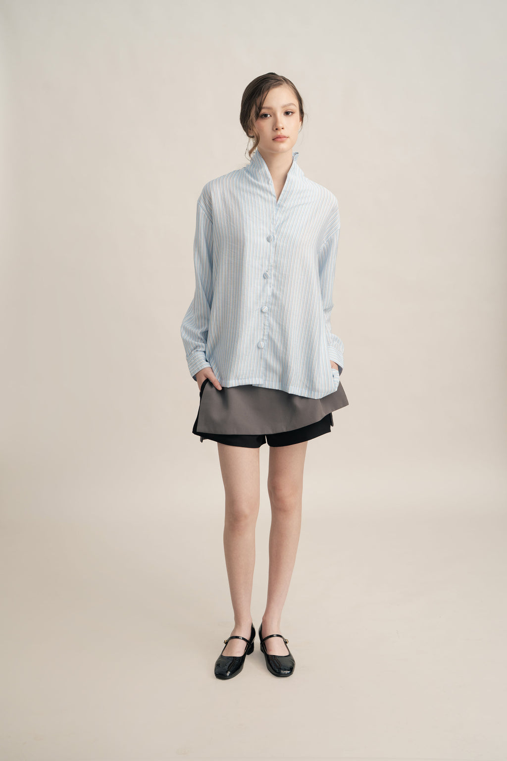 PO Quiet Stripe Shirt with Obi in Blue (Shipment Date 15 September-05 October 2026)