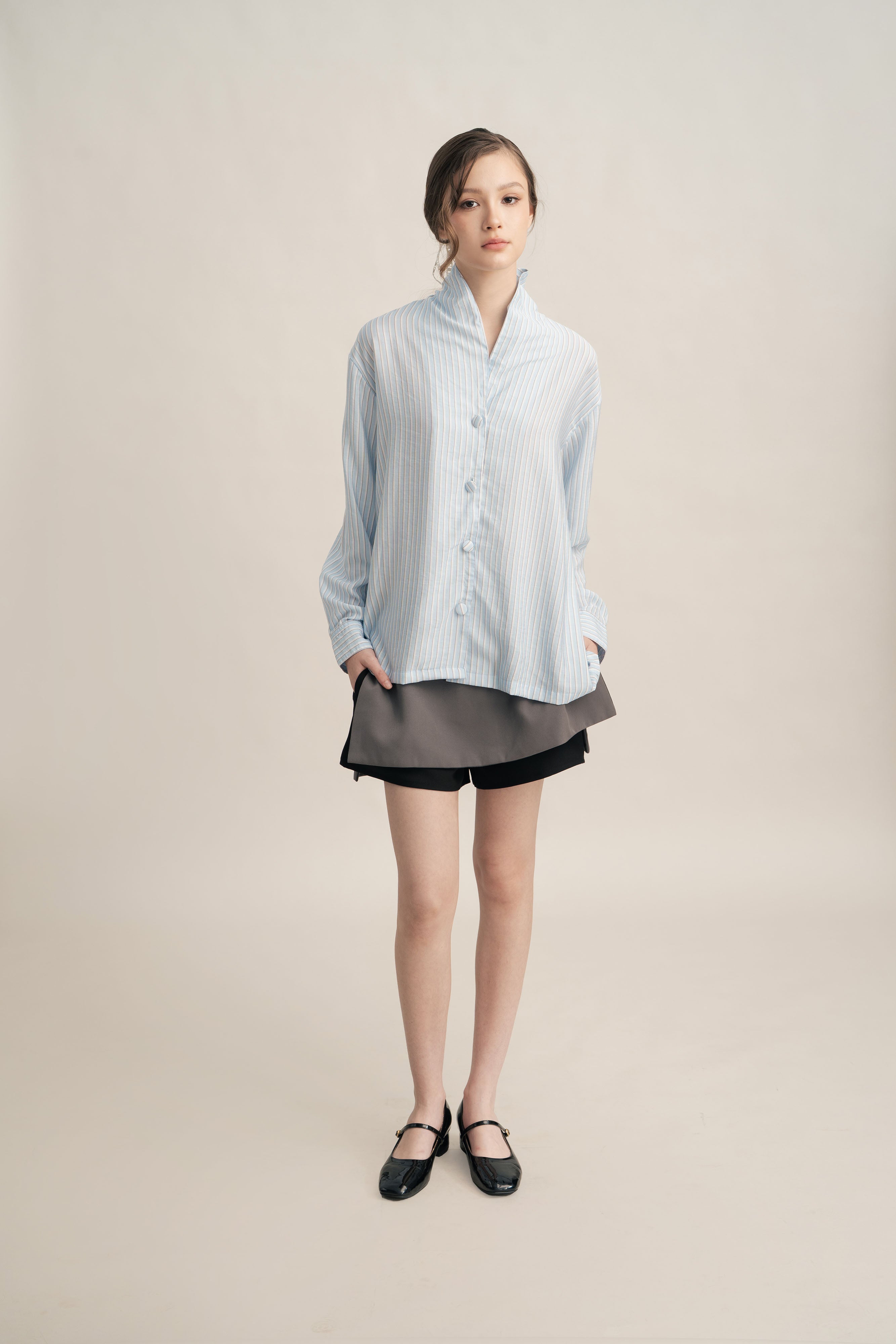 PO Quiet Stripe Shirt with Obi in Blue (Shipment Date 15 September-05 October 2026)