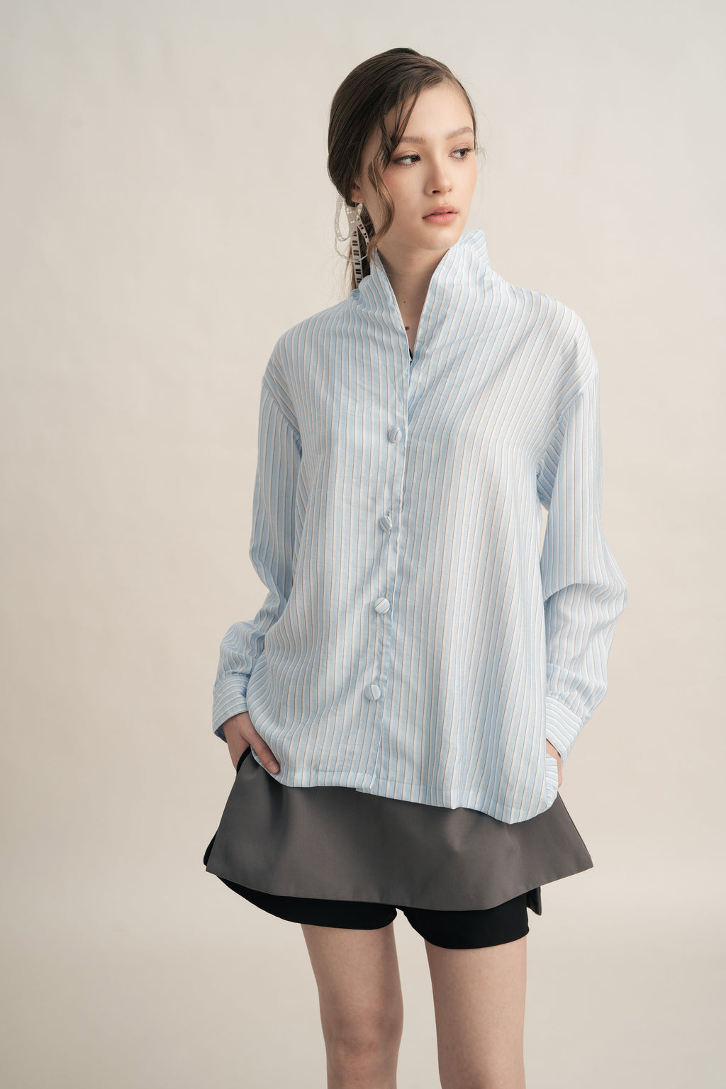 PO Quiet Stripe Shirt with Obi in Blue (Shipment Date 15 September-05 October 2026)