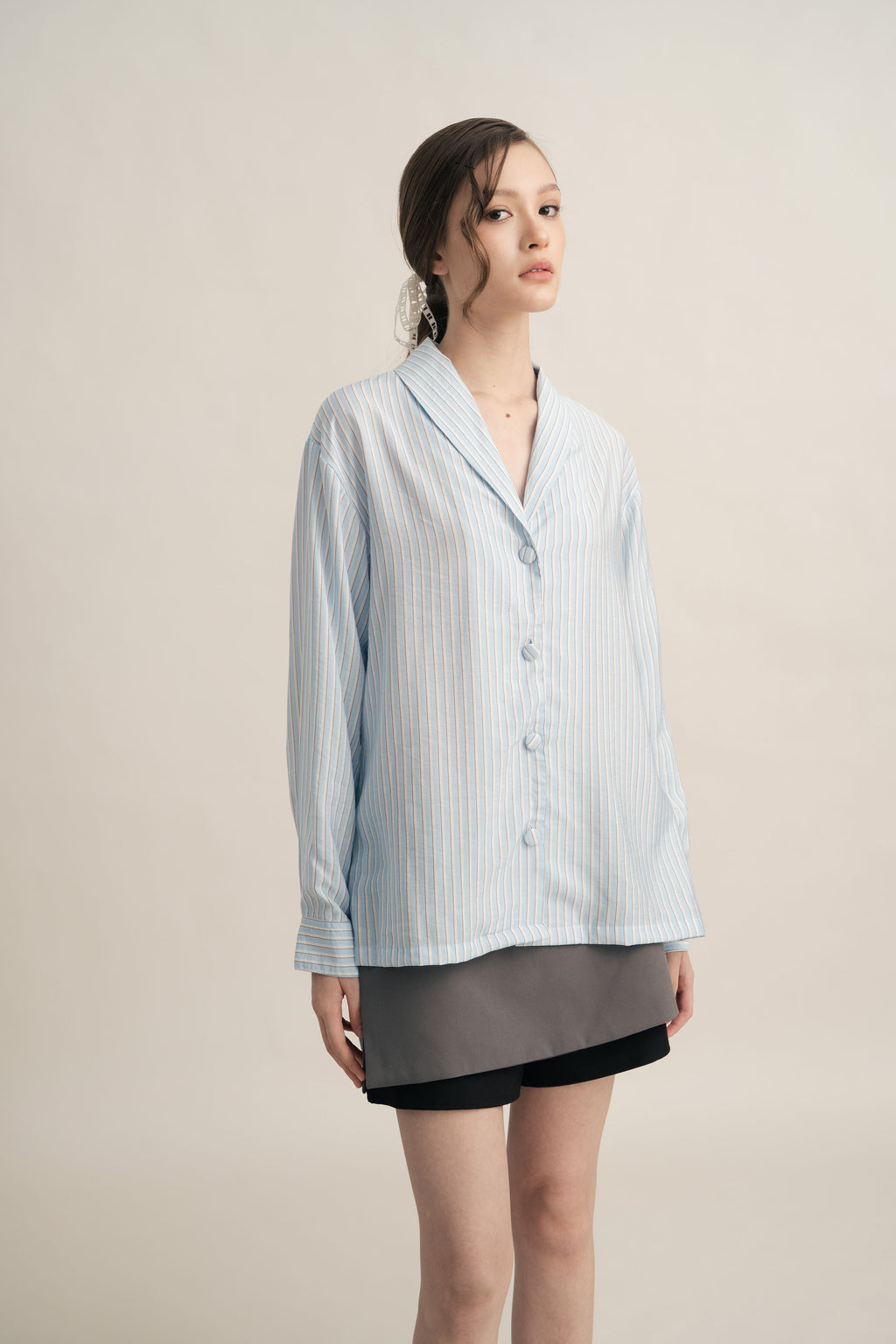 PO Quiet Stripe Shirt with Obi in Blue (Shipment Date 15 September-05 October 2026)