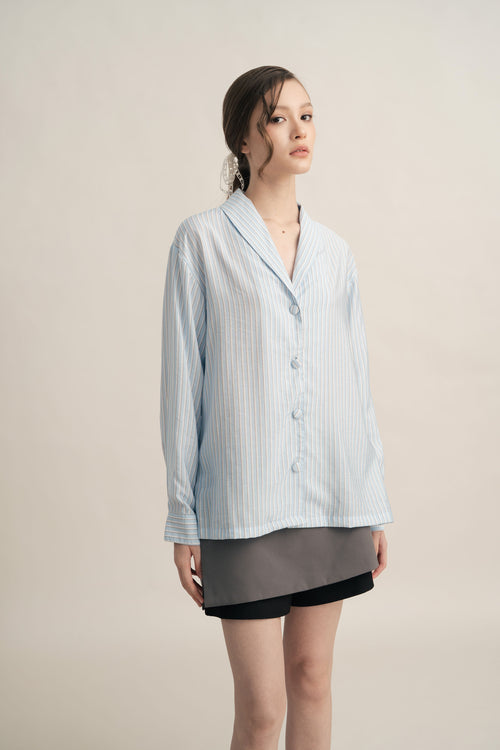 PO Quiet Stripe Shirt with Obi in Blue (Shipment Date 15 September-05 October 2026)