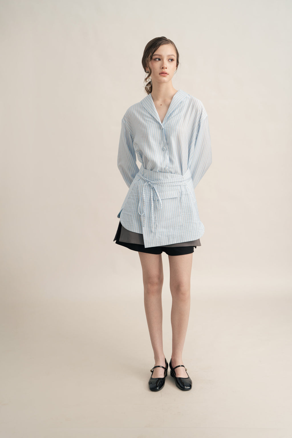 PO Quiet Stripe Shirt with Obi in Blue (Shipment Date 15 September-05 October 2026)