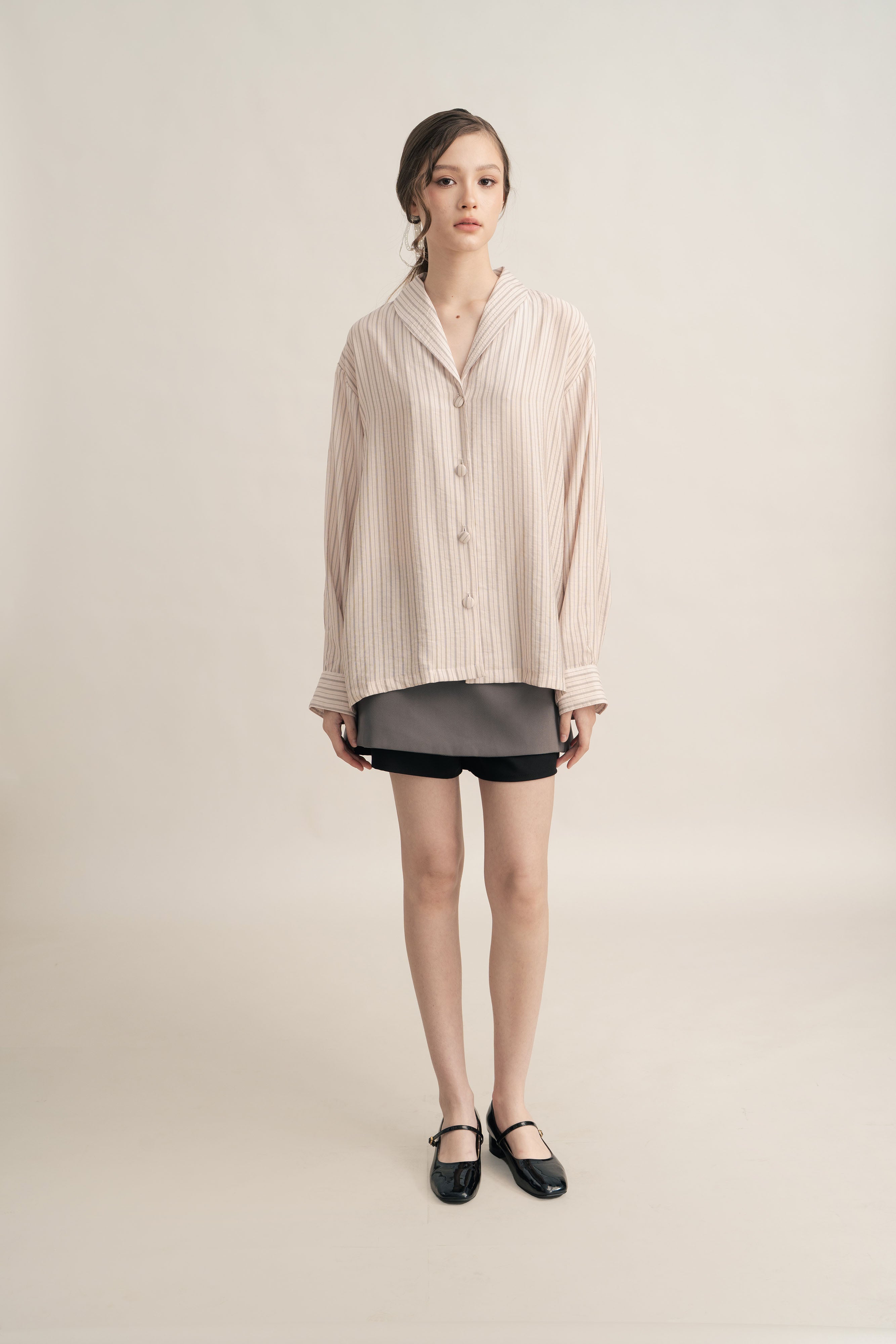 PO Quiet Stripe Shirt with Obi in Light Pink (Shipment Date 15 September-05 October 2026)